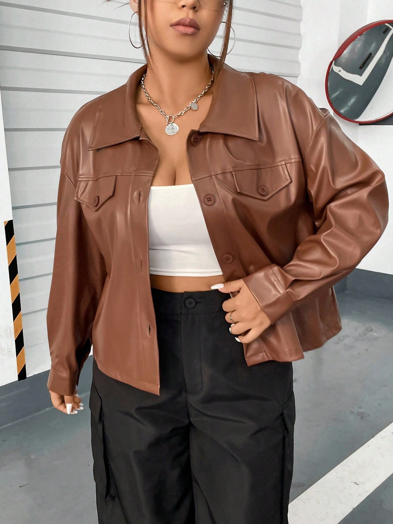 Plus Drop Shoulder PU Leather Jacket