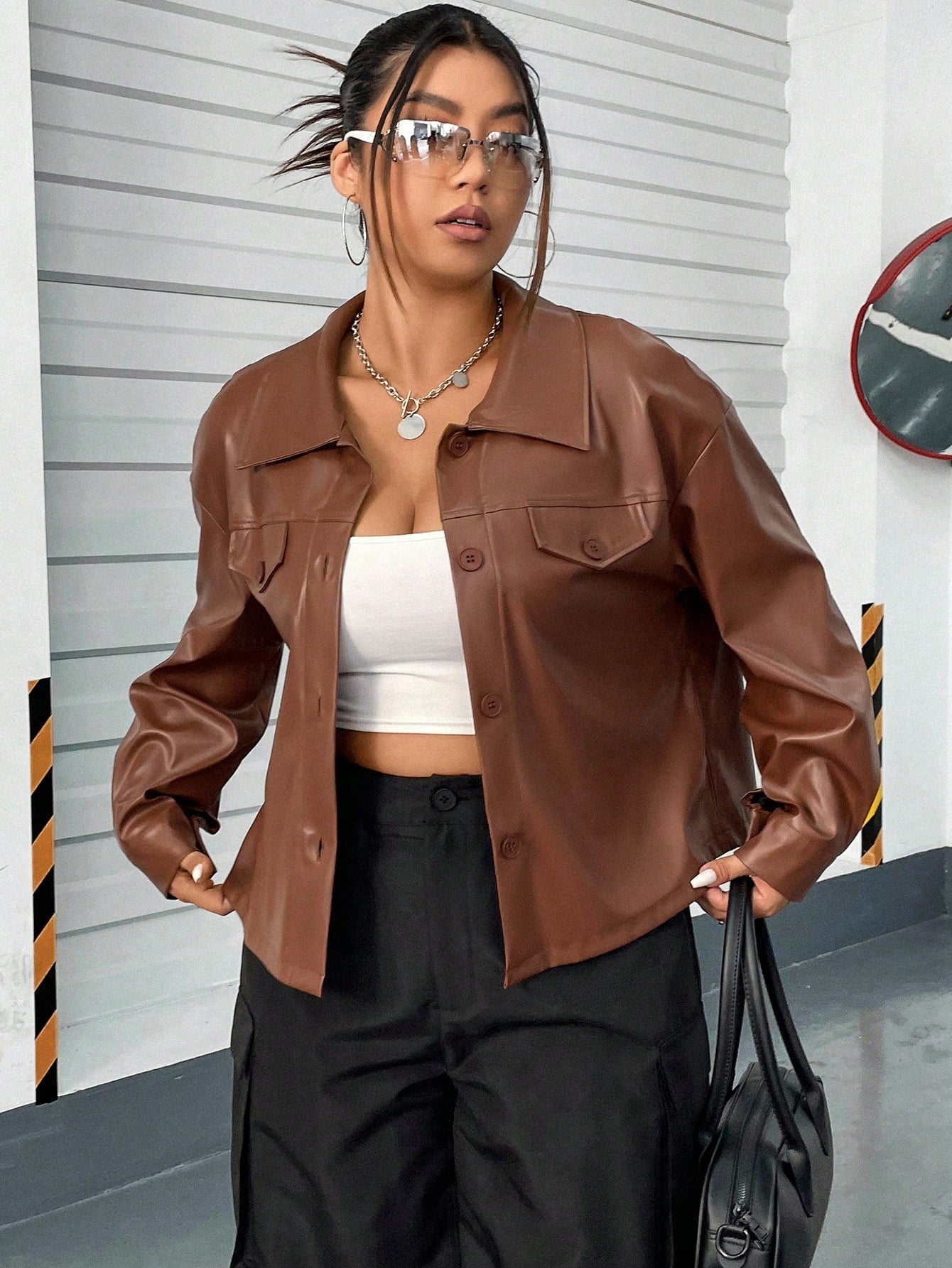 Plus Drop Shoulder PU Leather Jacket