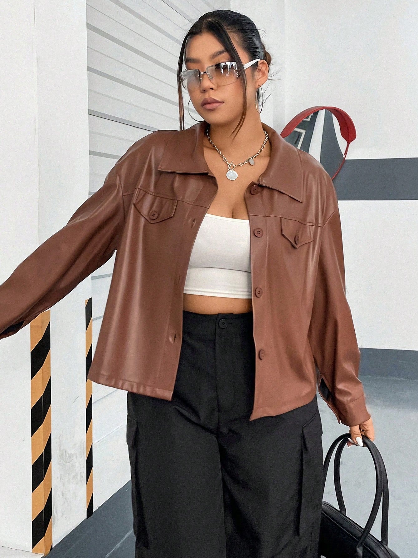 Plus Drop Shoulder PU Leather Jacket