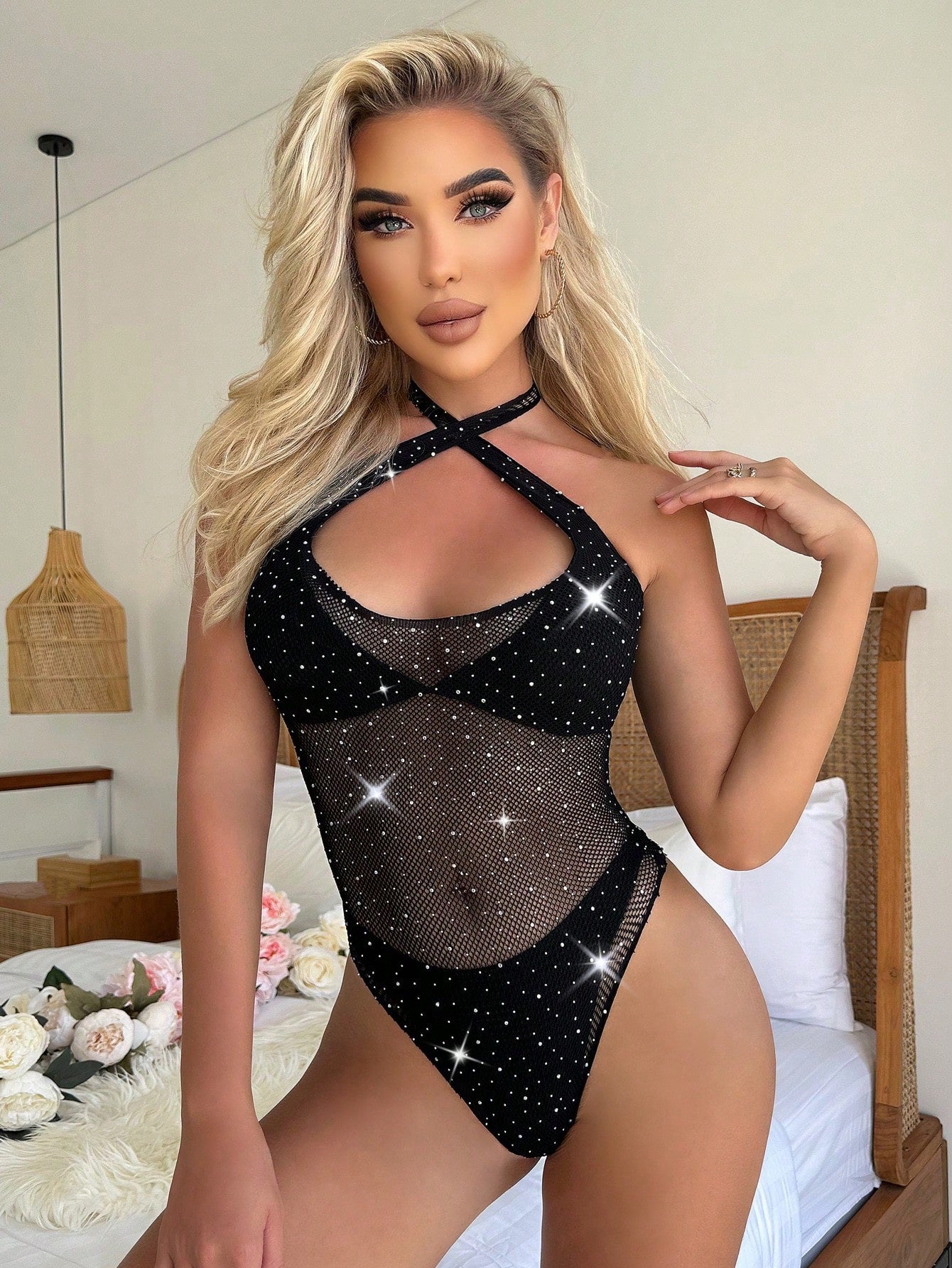 Rhinestone Studded Fishnet Teddy Bodysuit