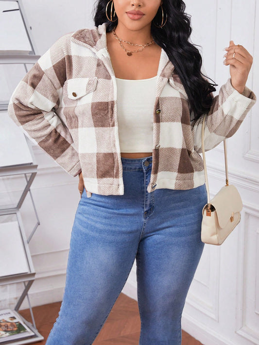 Essnce Plus Buffalo Plaid Print Drop Shoulder Hooded Flannel Jacket