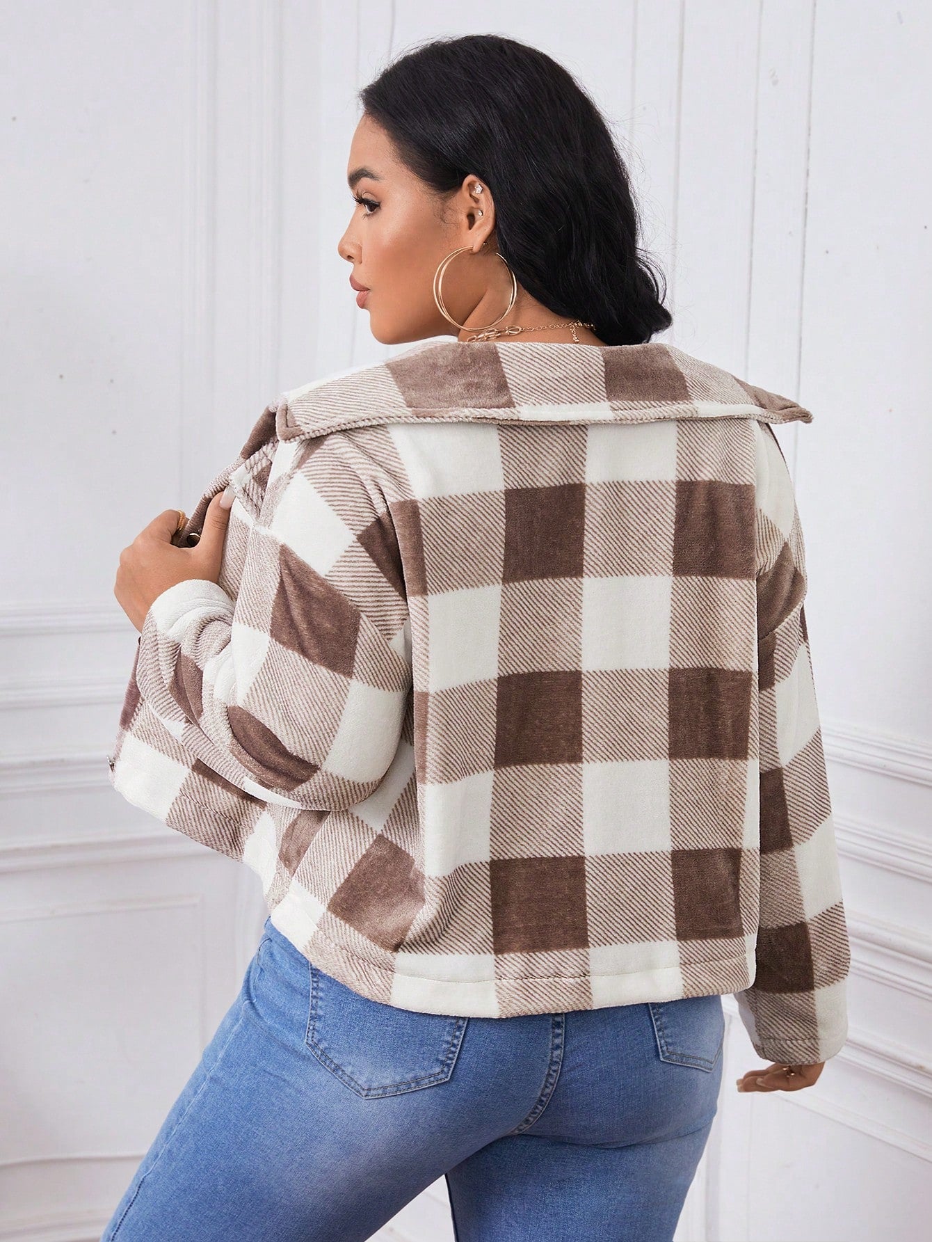 Essnce Plus Buffalo Plaid Print Drop Shoulder Hooded Flannel Jacket