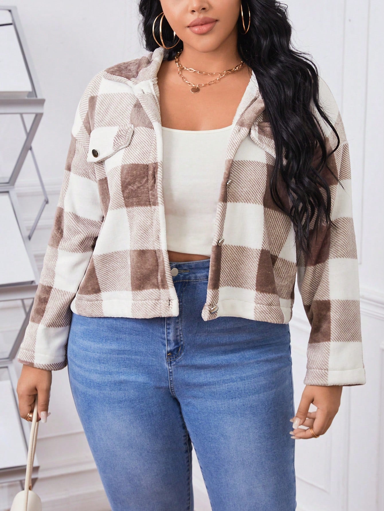 Essnce Plus Buffalo Plaid Print Drop Shoulder Hooded Flannel Jacket