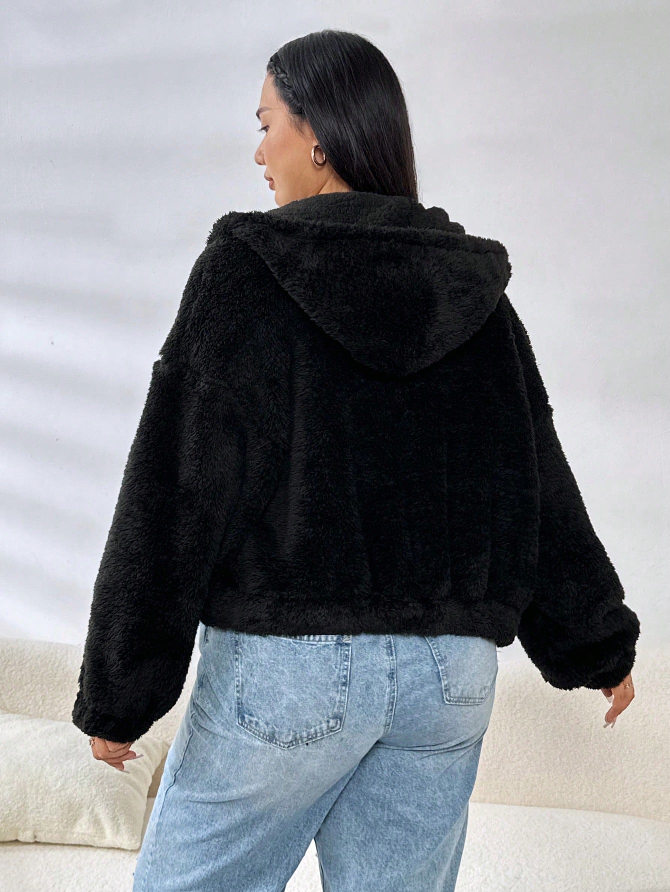 EZwear Plus Zip Up Drop Shoulder Hooded Teddy Jacket