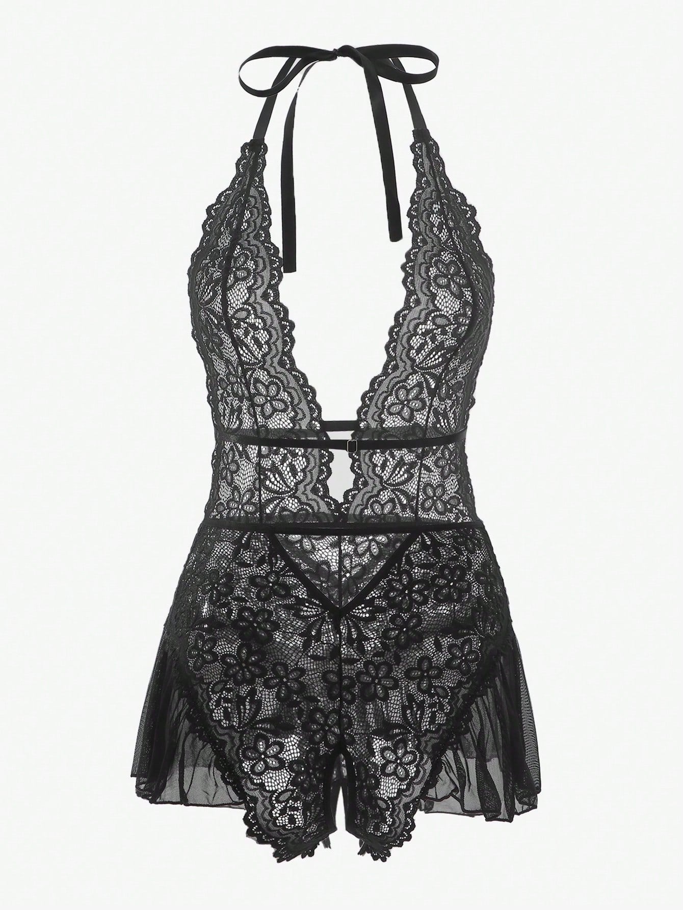 Floral Lace Scallop Trim Halter Teddy Bodysuit