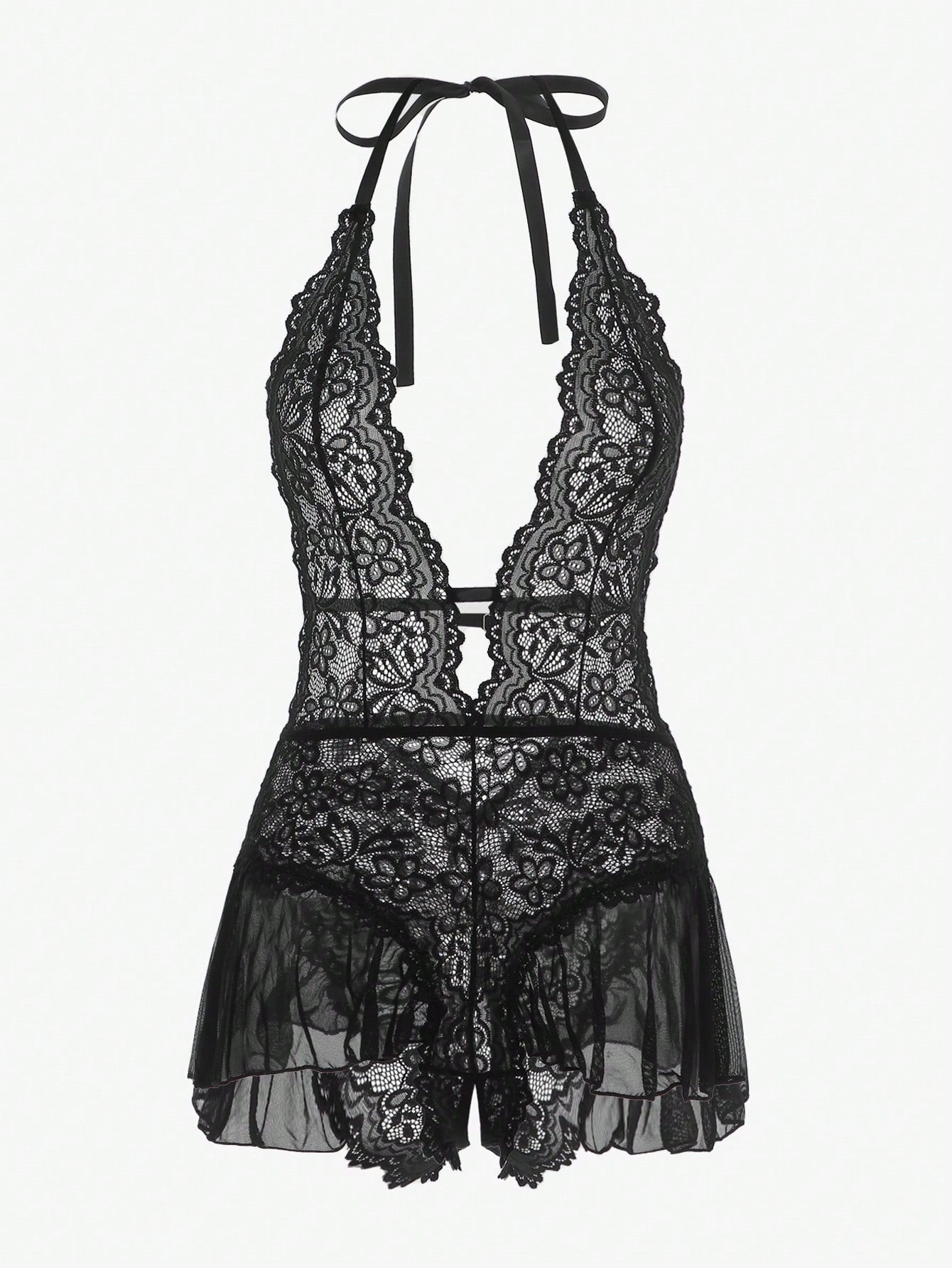 Floral Lace Scallop Trim Halter Teddy Bodysuit