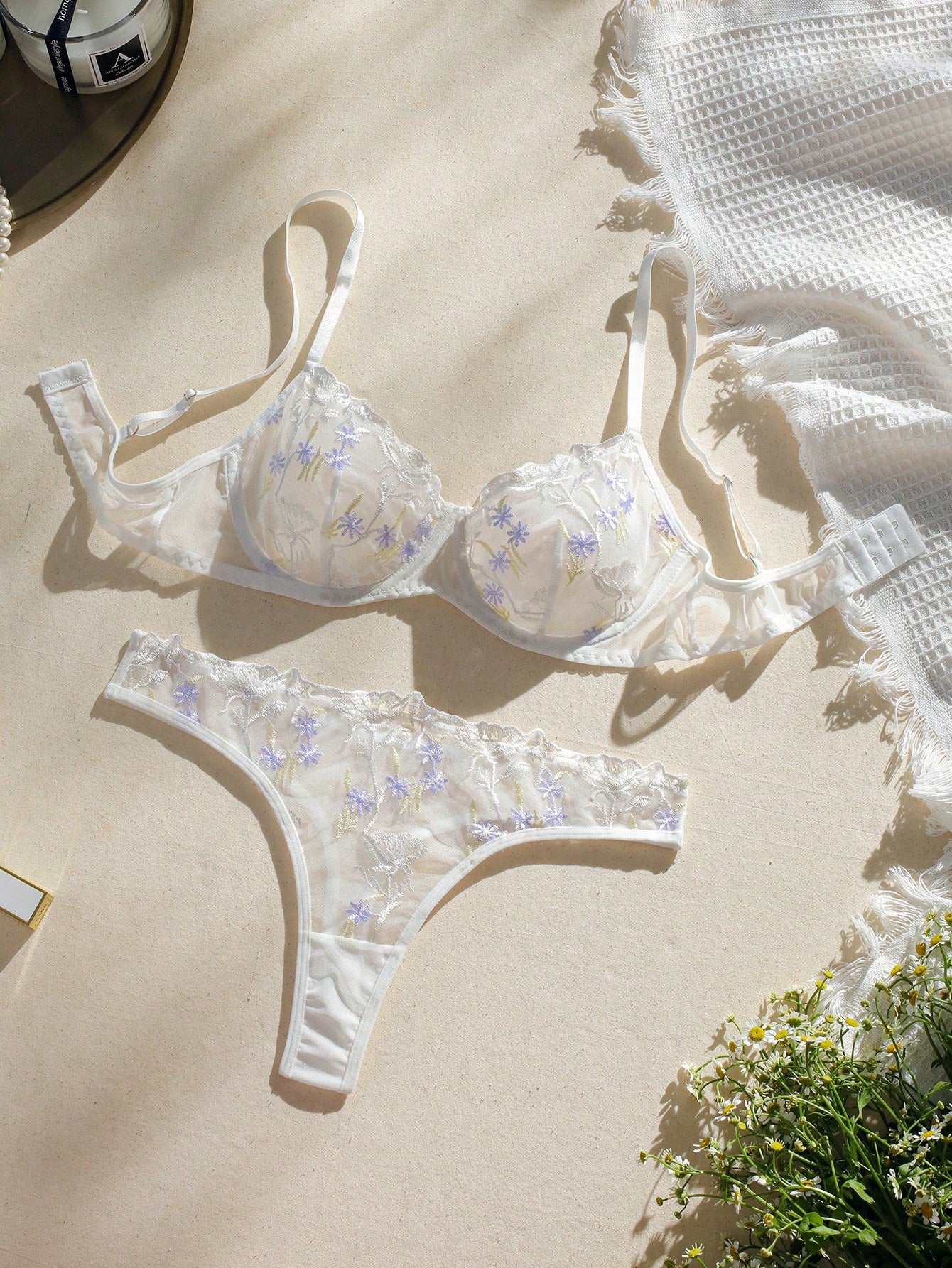 Floral Embroidery Mesh Underwire Lingerie Set