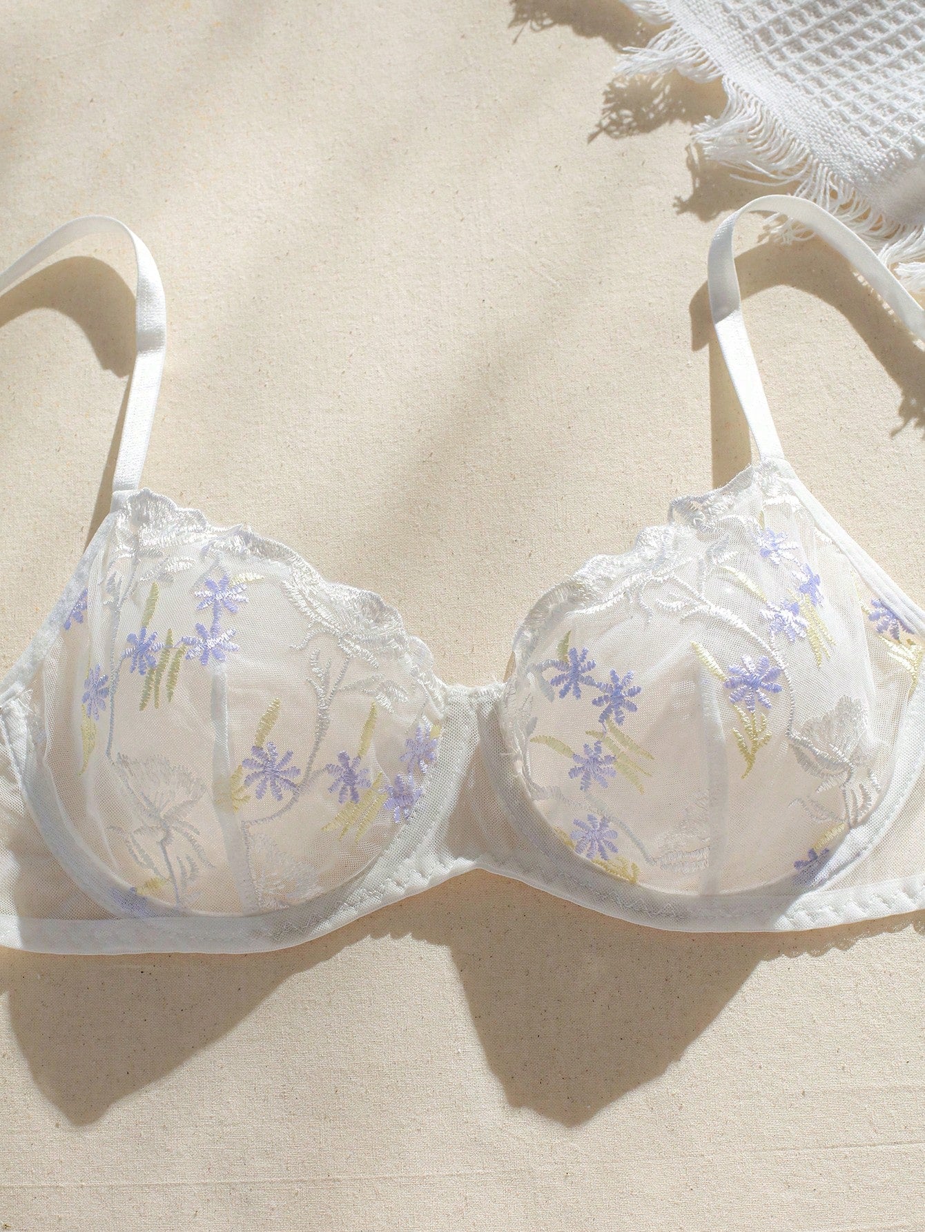 Floral Embroidery Mesh Underwire Lingerie Set