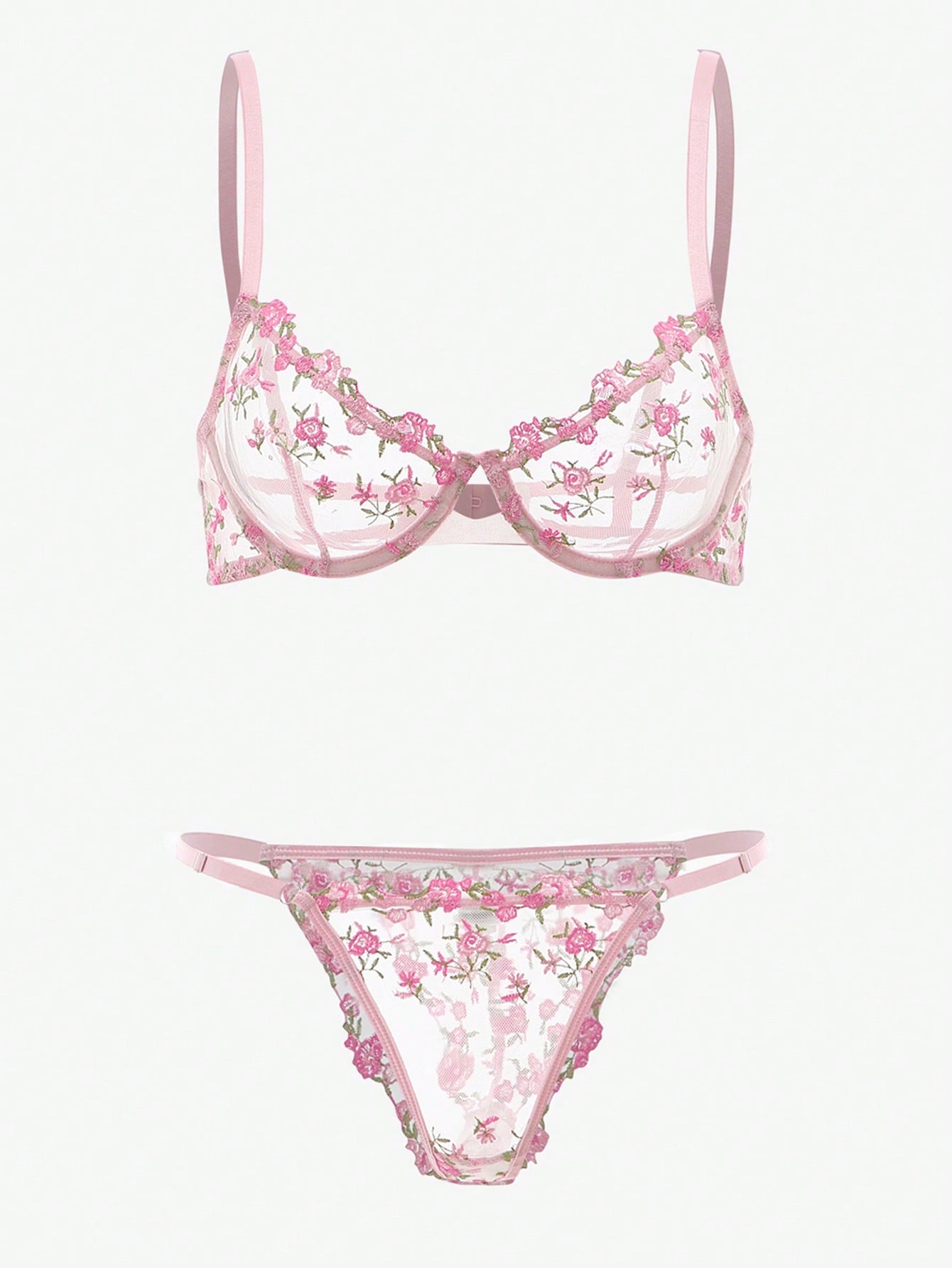 Embroidery Sheer Mesh Underwire Lingerie Set