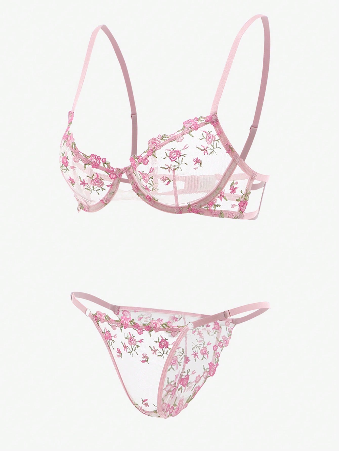 Embroidery Sheer Mesh Underwire Lingerie Set