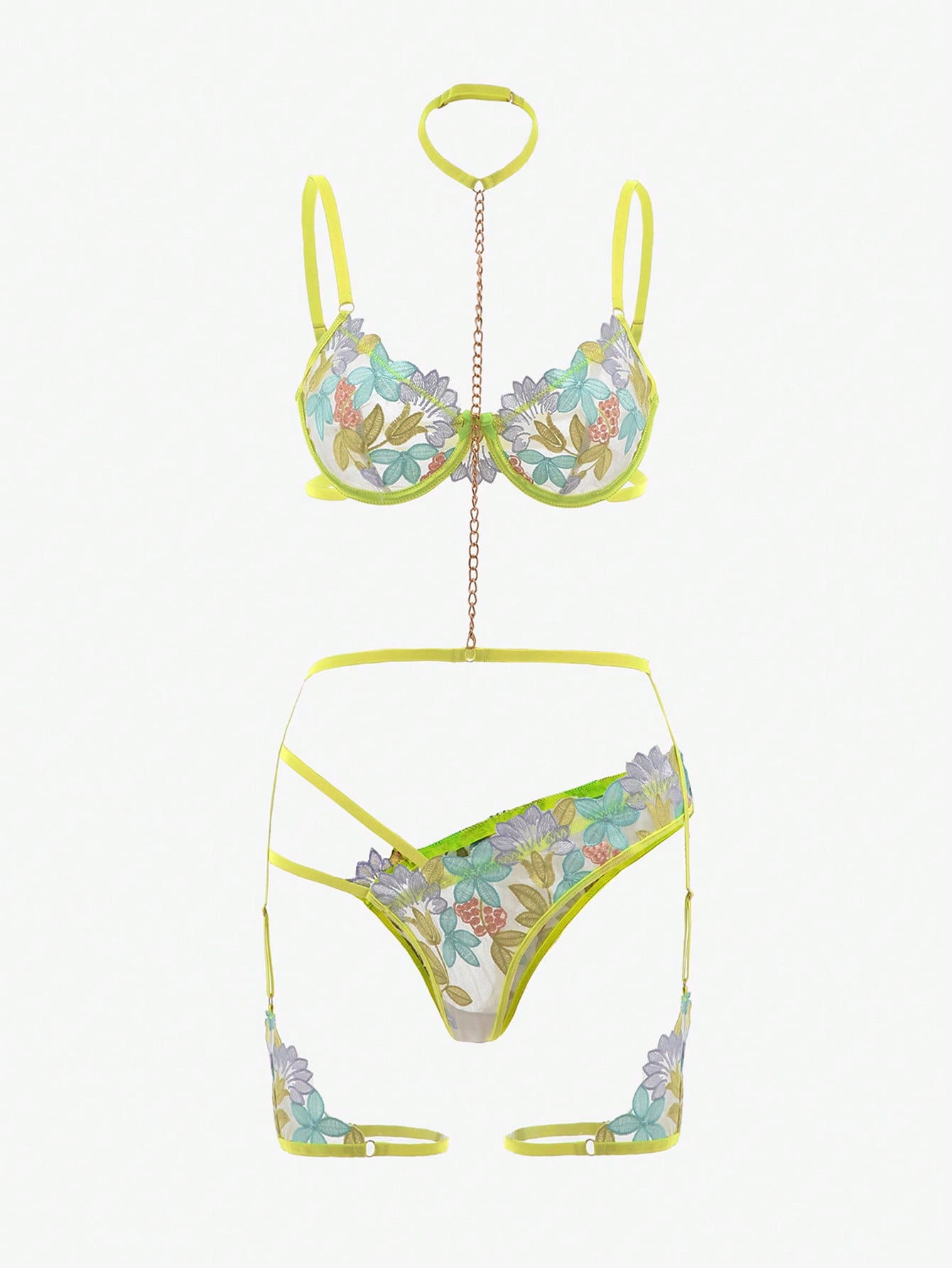 Floral Embroidery Mesh Underwire Garter Lingerie Set