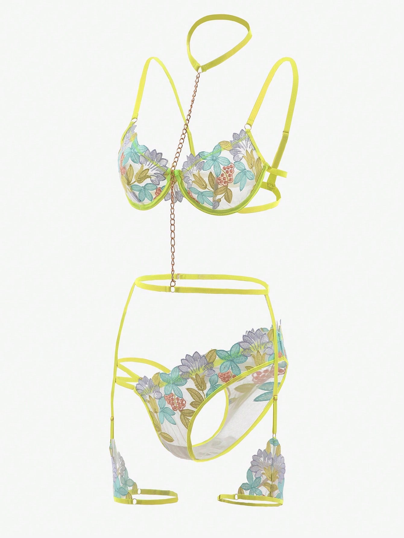 Floral Embroidery Mesh Underwire Garter Lingerie Set