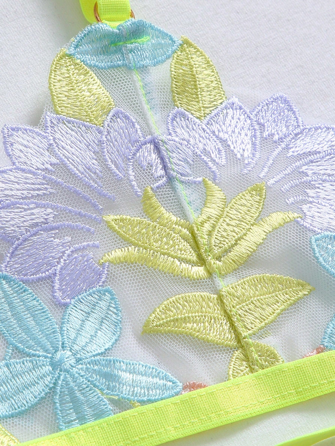 Floral Embroidery Mesh Underwire Garter Lingerie Set