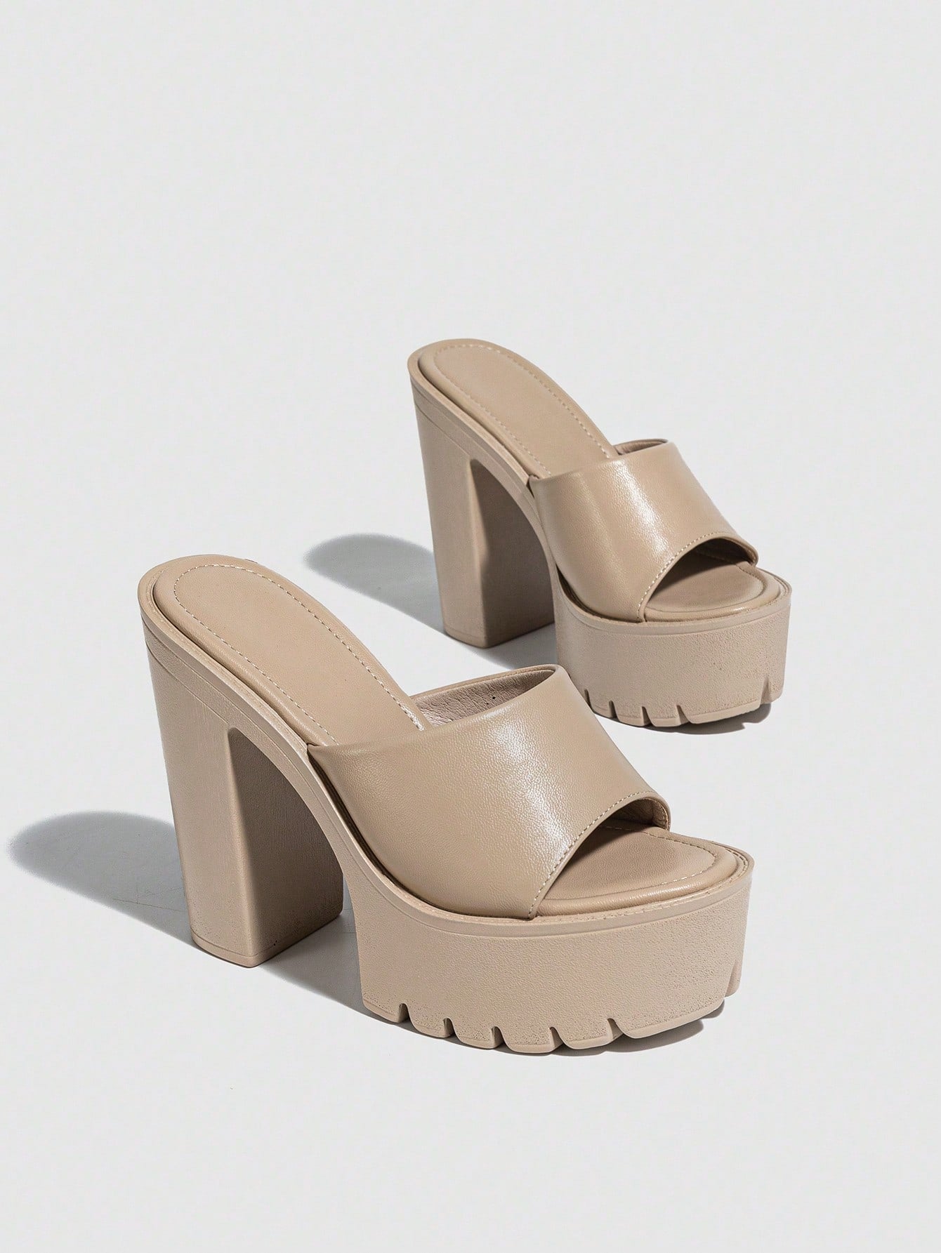 Elegant Khaki Sandals For Women, Minimalist Platform Chunky Heeled Mule Sandals