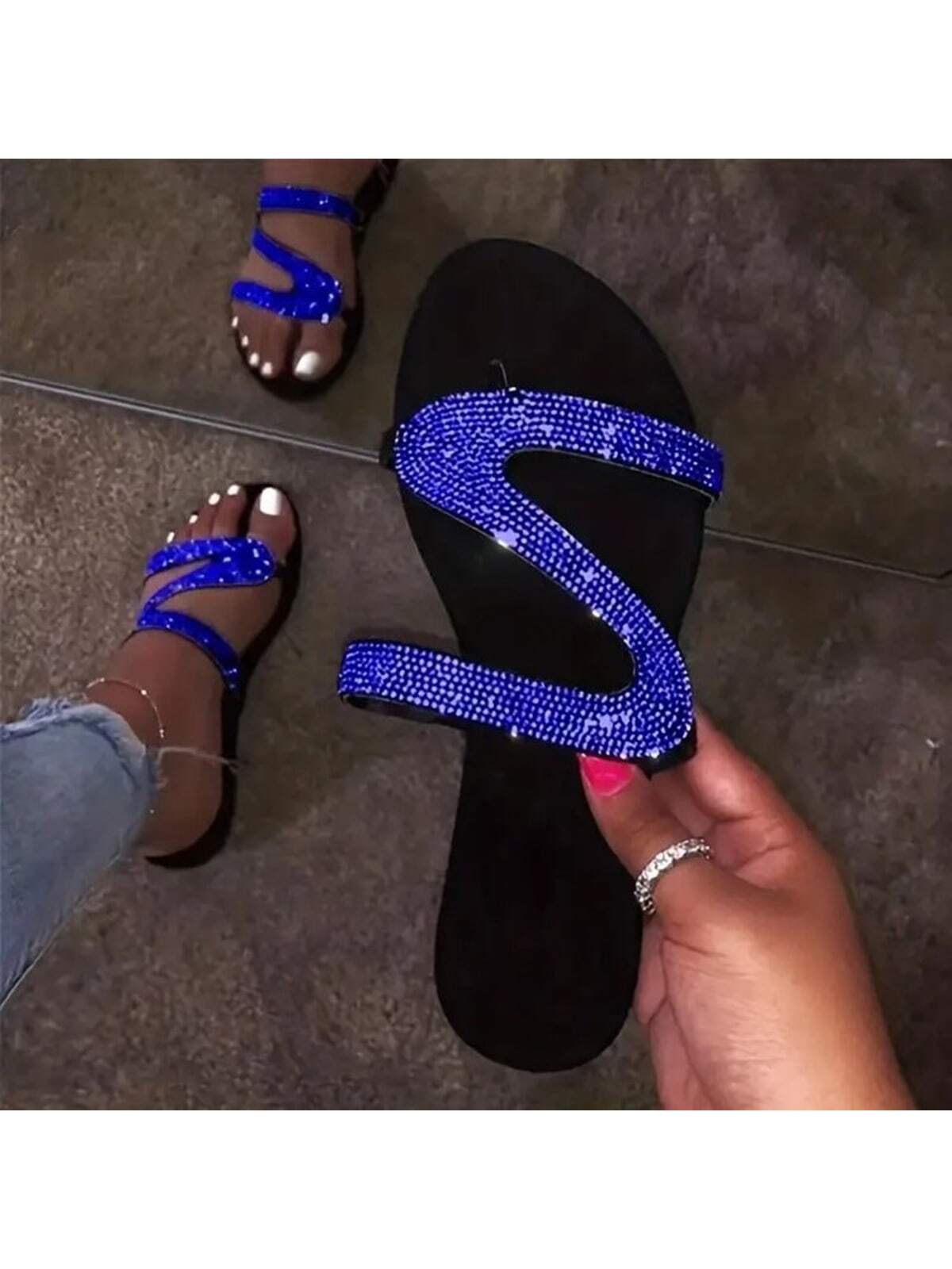 Glamorous Slide Sandals For Women, Rhinestone Decor Flat Sandals