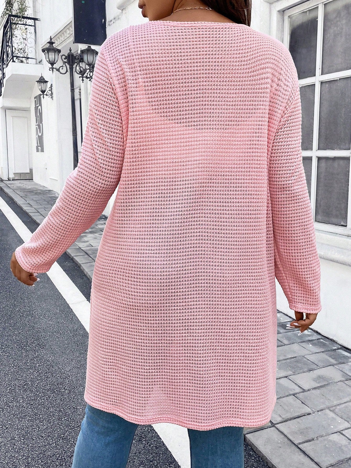 Plus Solid Button Front Waffle Knit Coat