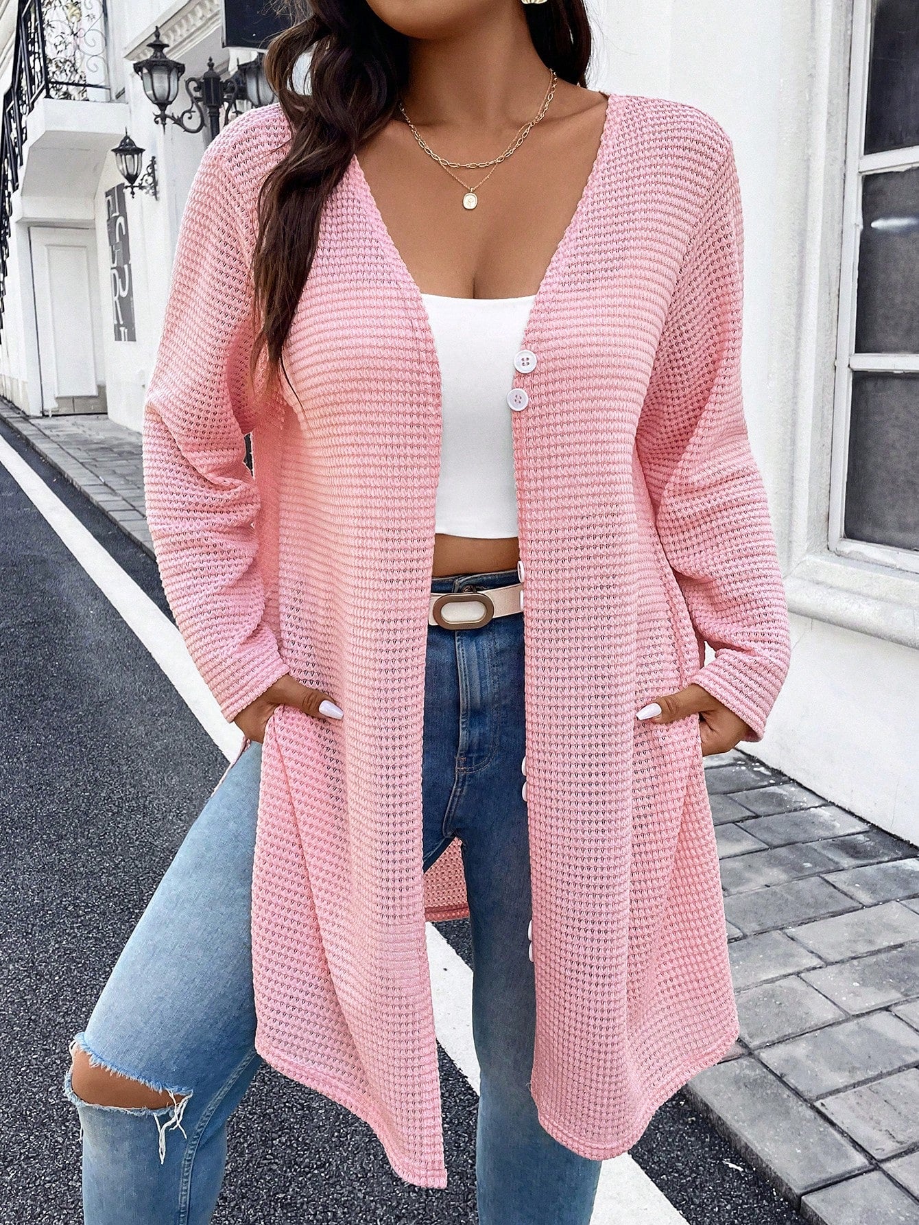 Plus Solid Button Front Waffle Knit Coat