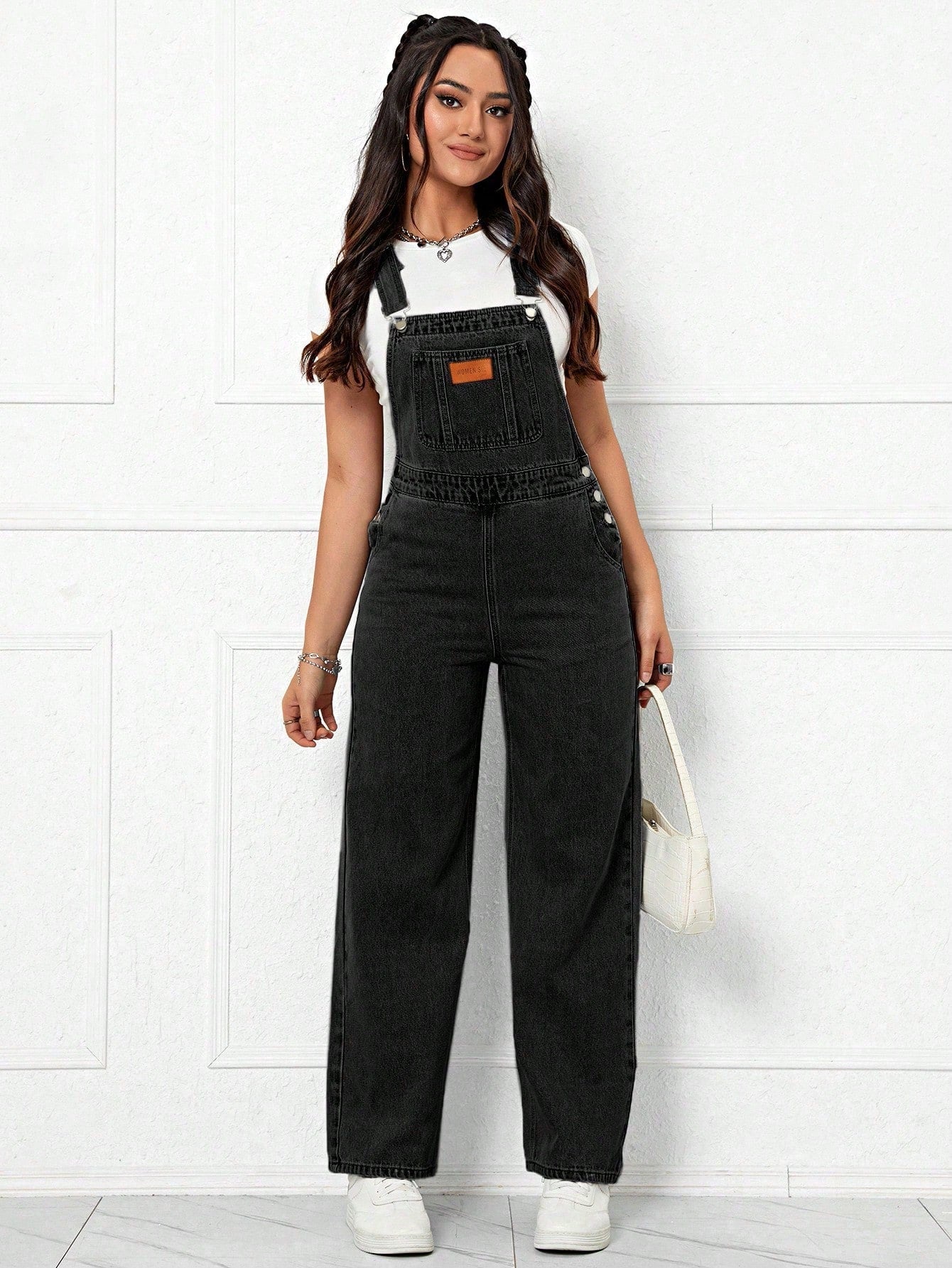 Patched Detail Denim Overalls Without Tee