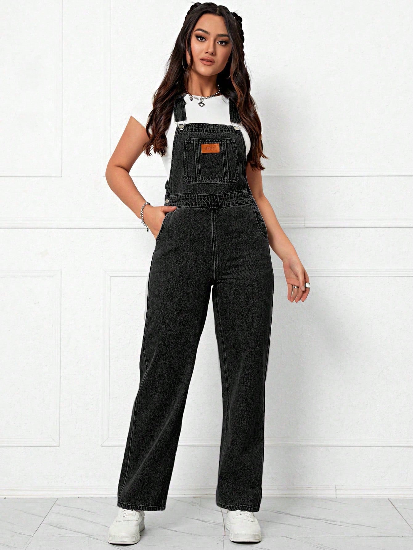 Patched Detail Denim Overalls Without Tee