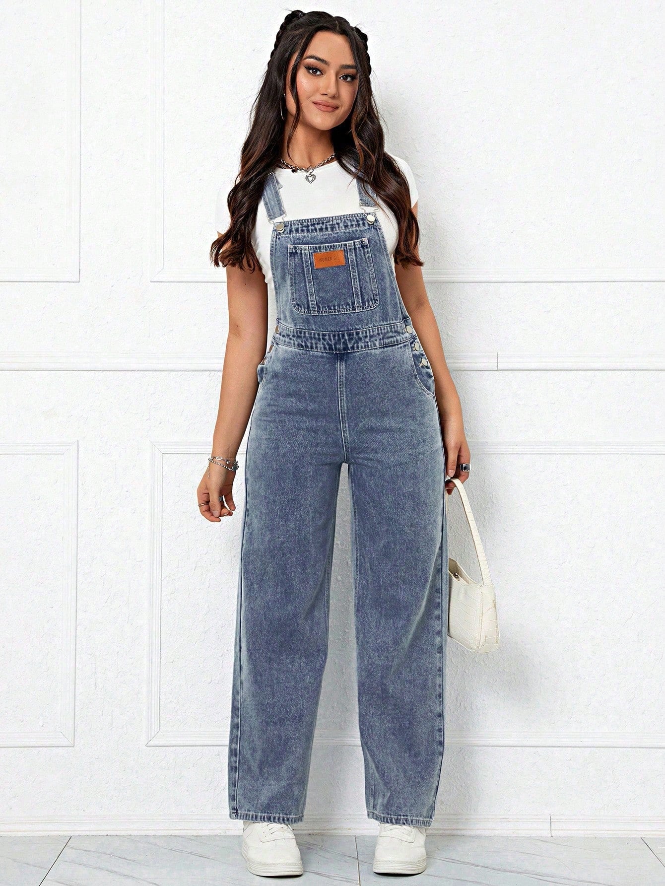 Patched Detail Denim Overalls Without Tee