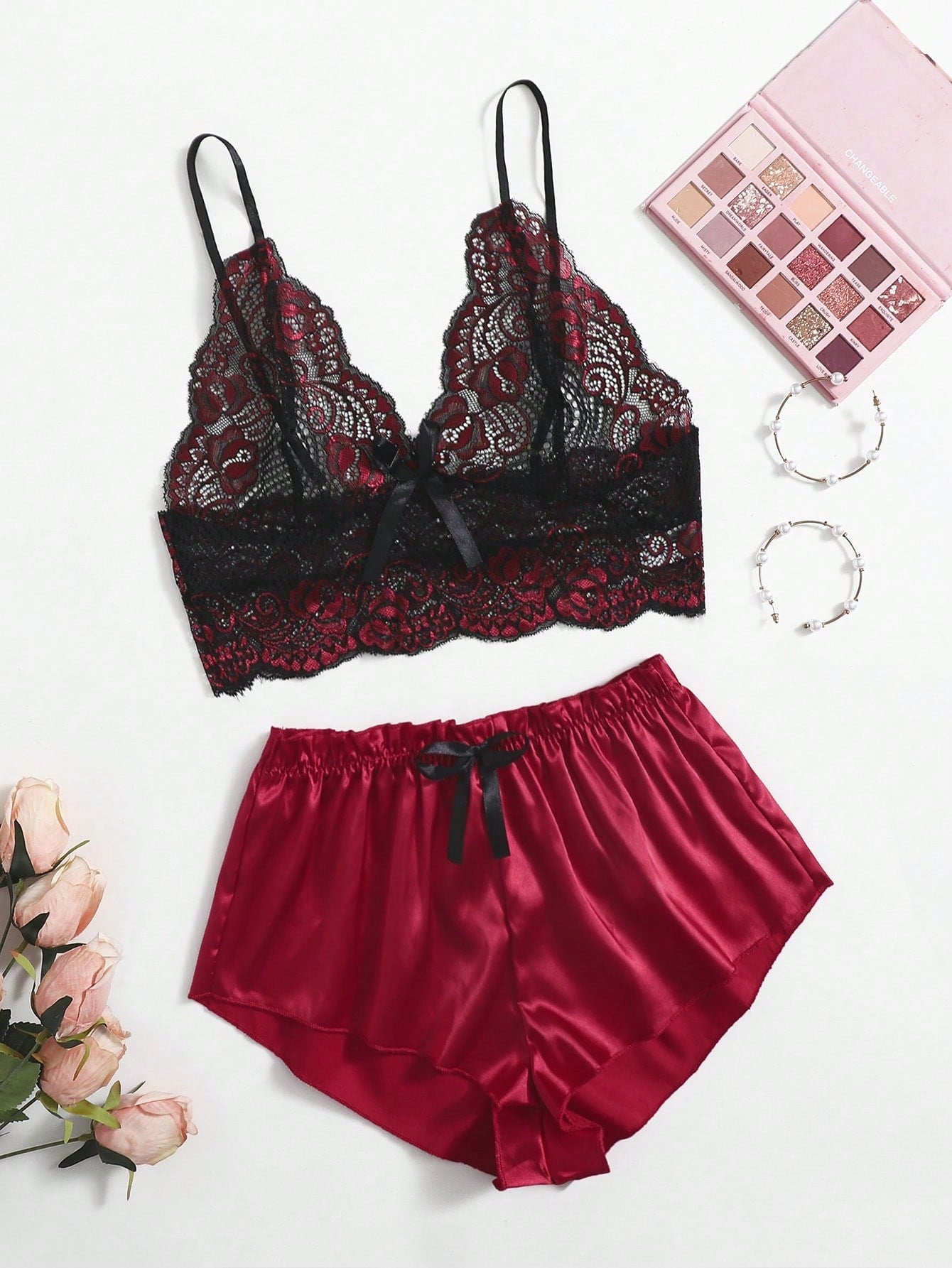 Floral Lace Bralette With Satin Shorts