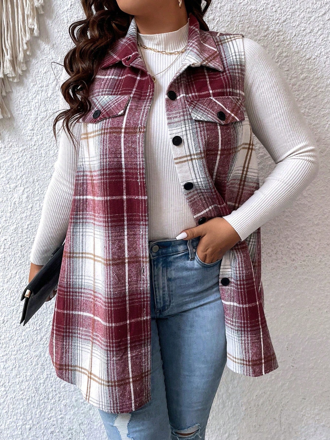 LUNE Plus Plaid Print Flap Detail Vest Coat