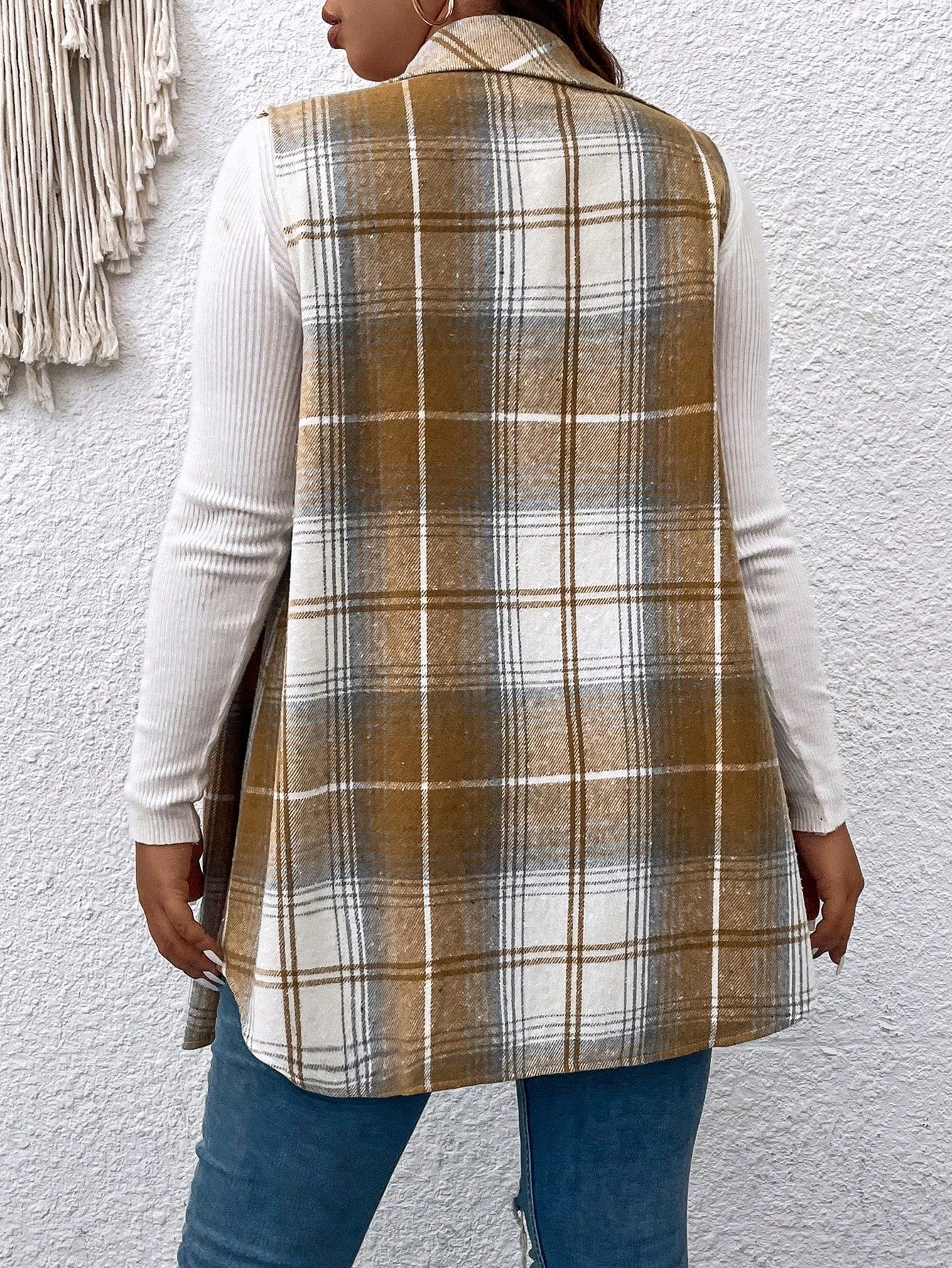 LUNE Plus Plaid Print Flap Detail Vest Coat