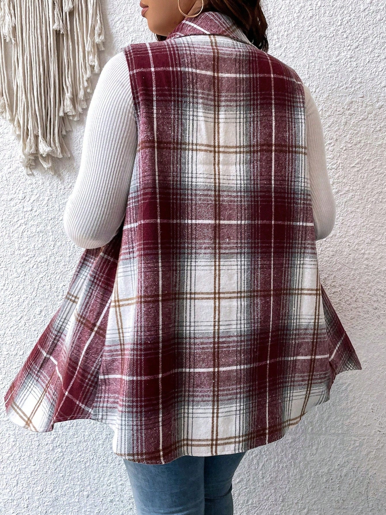LUNE Plus Plaid Print Flap Detail Vest Coat