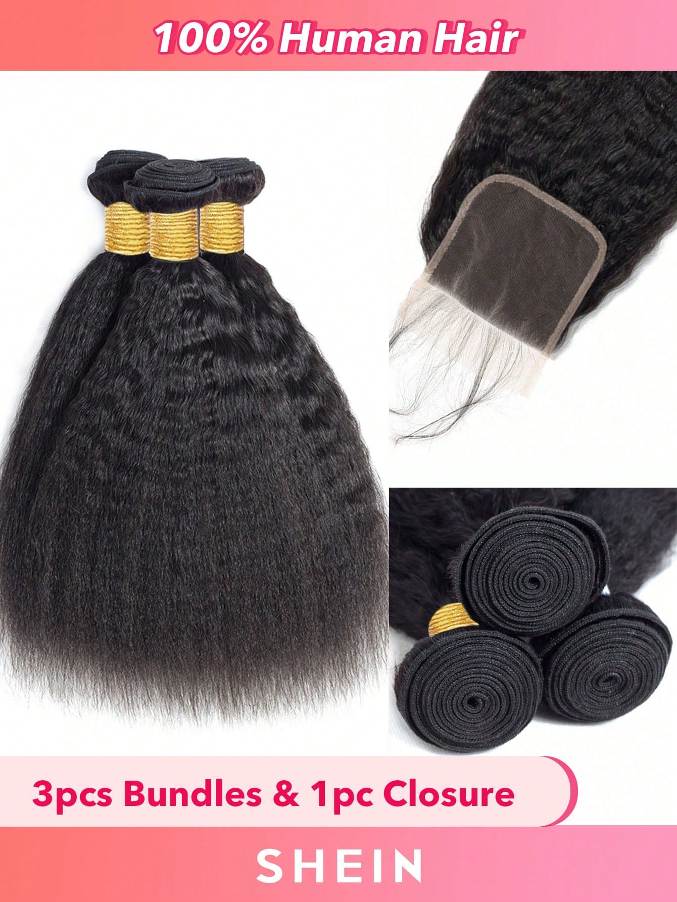 4pcs 4 X 4 Lace Closure Kinky Straight Human Hair Bundles With Closure Virgin Hair Extension Closure And 3 Bundles Real Double Weft Hair Weave Cheap Hair Daily Use Natural Black Color