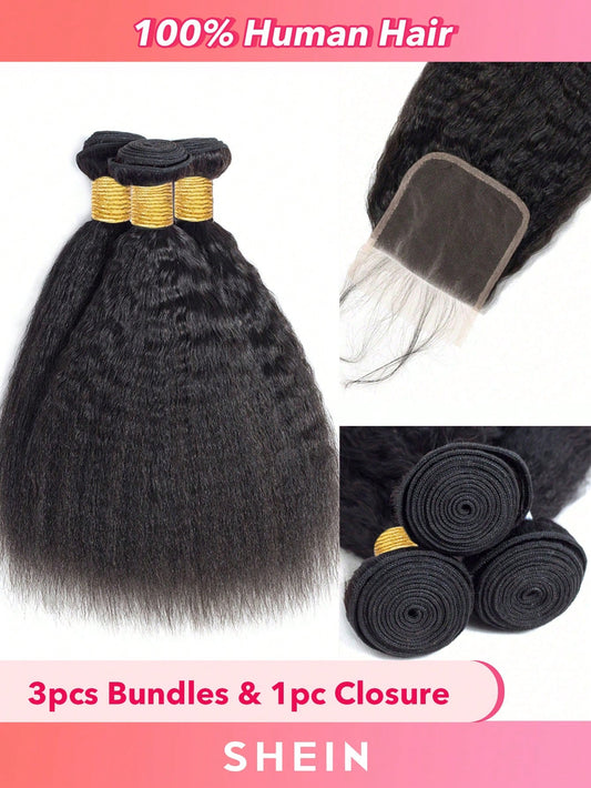 4pcs 4 X 4 Lace Closure Kinky Straight Human Hair Bundles With Closure Virgin Hair Extension Closure And 3 Bundles Real Double Weft Hair Weave Cheap Hair Daily Use Natural Black Color