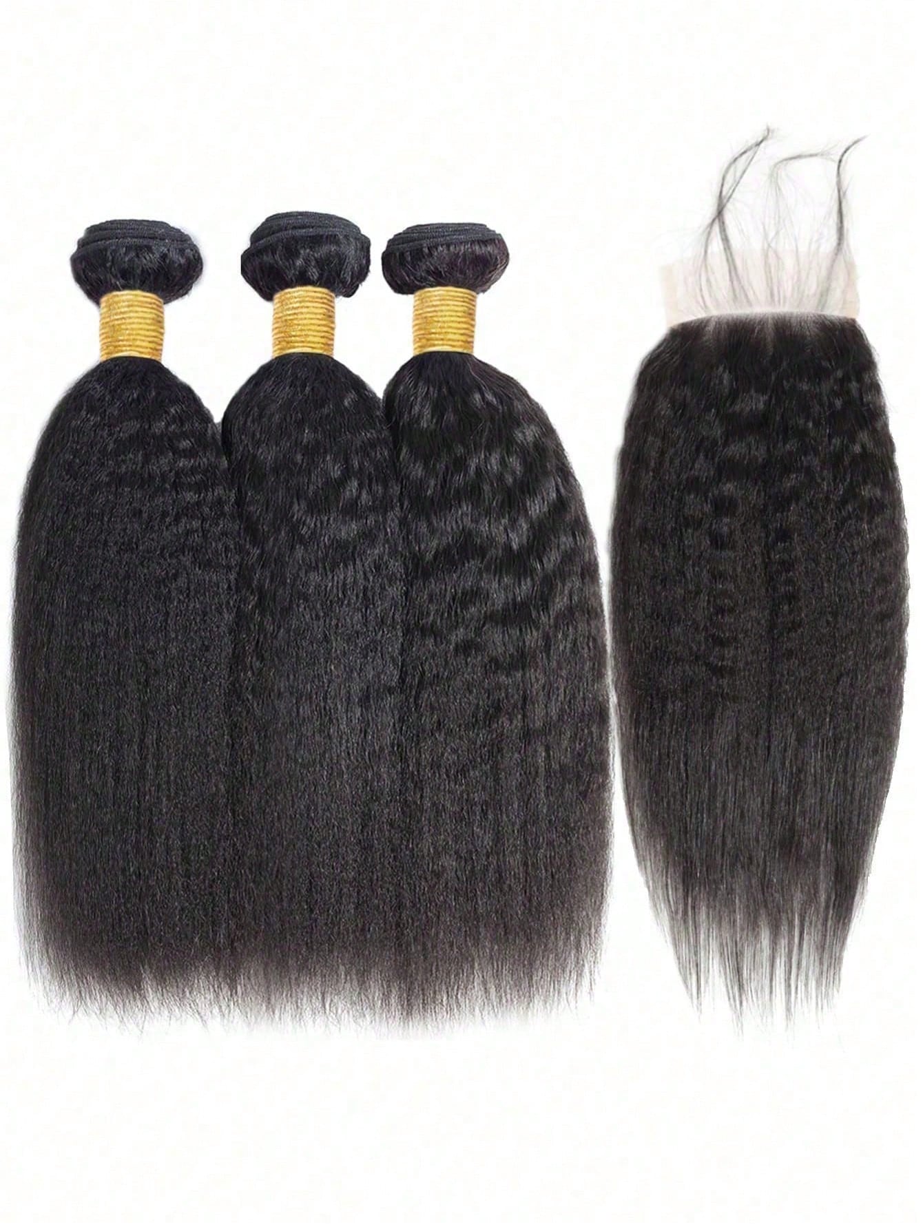 4pcs 4 X 4 Lace Closure Kinky Straight Human Hair Bundles With Closure Virgin Hair Extension Closure And 3 Bundles Real Double Weft Hair Weave Cheap Hair Daily Use Natural Black Color
