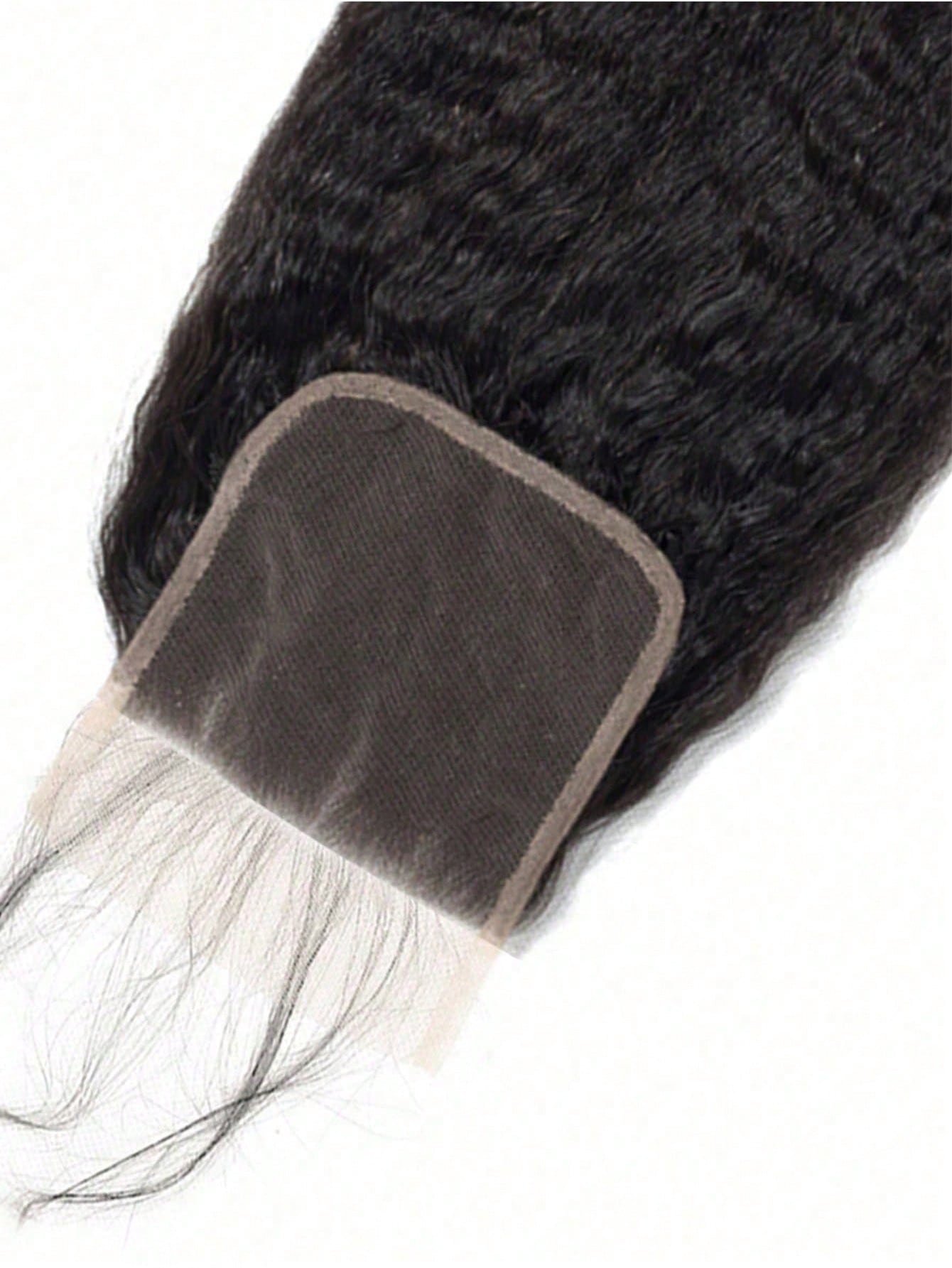 4pcs 4 X 4 Lace Closure Kinky Straight Human Hair Bundles With Closure Virgin Hair Extension Closure And 3 Bundles Real Double Weft Hair Weave Cheap Hair Daily Use Natural Black Color