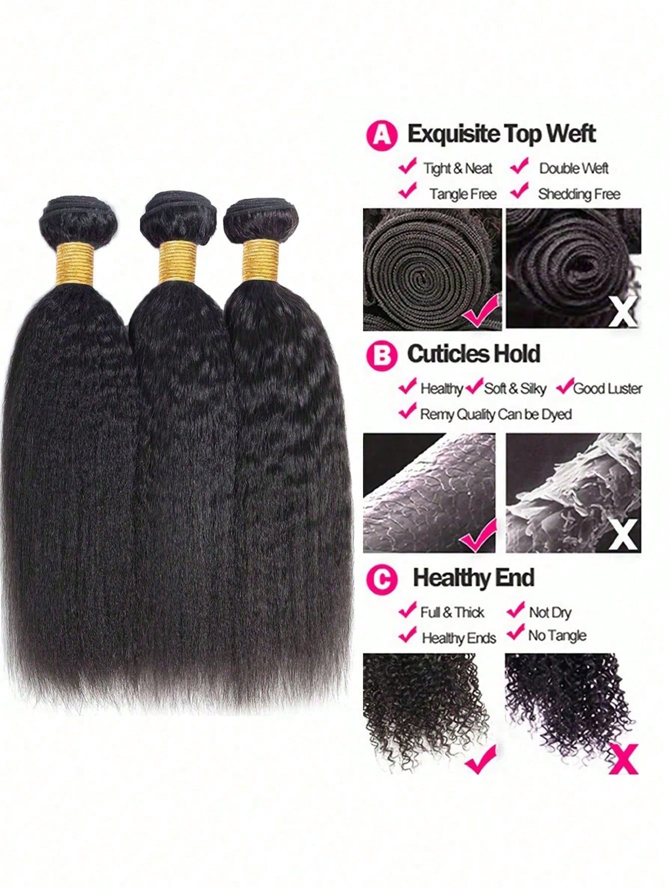 4pcs 4 X 4 Lace Closure Kinky Straight Human Hair Bundles With Closure Virgin Hair Extension Closure And 3 Bundles Real Double Weft Hair Weave Cheap Hair Daily Use Natural Black Color
