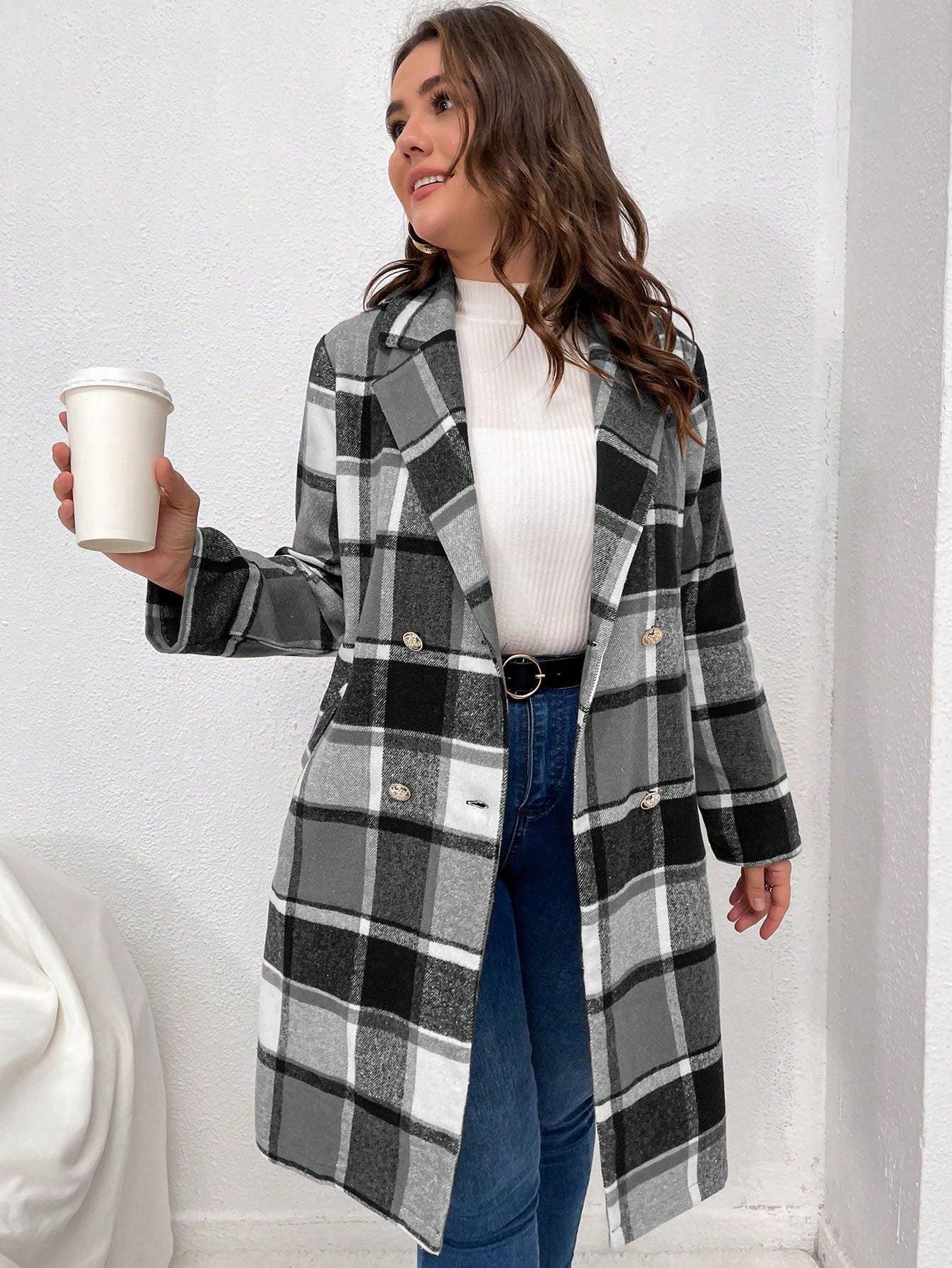 Plus Plaid Lapel Neck Double Breasted Overcoat