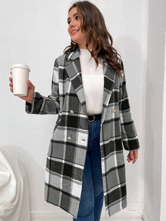 Plus Plaid Lapel Neck Double Breasted Overcoat