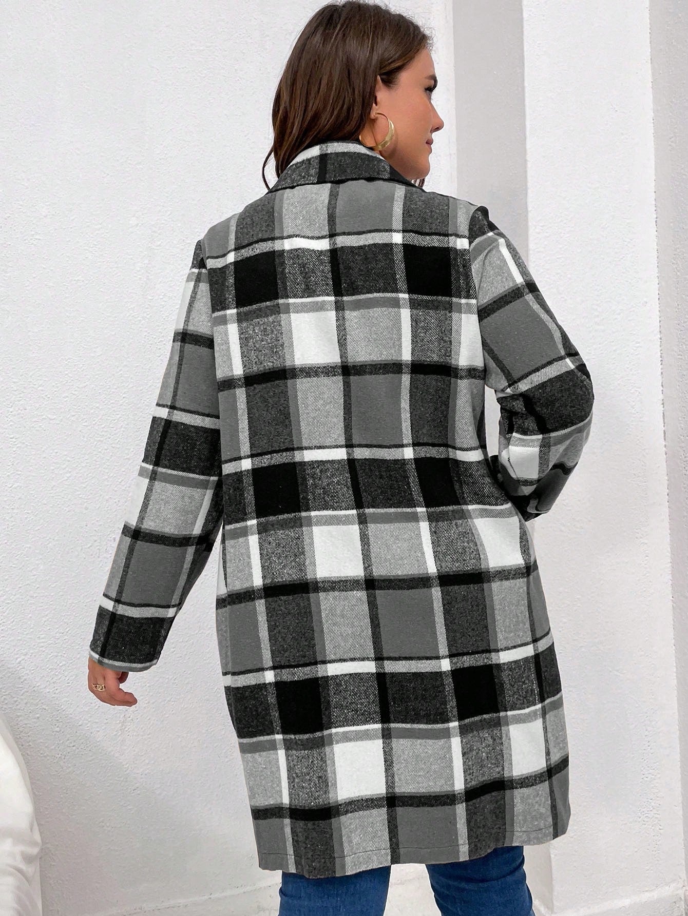 Plus Plaid Lapel Neck Double Breasted Overcoat