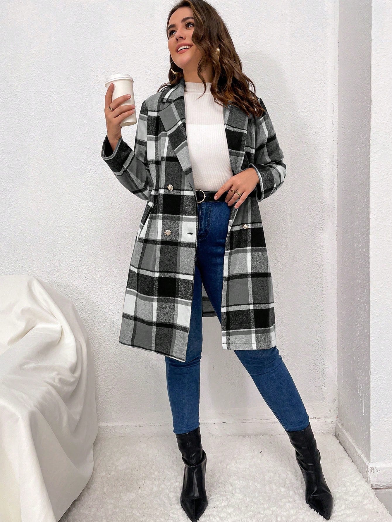 Plus Plaid Lapel Neck Double Breasted Overcoat