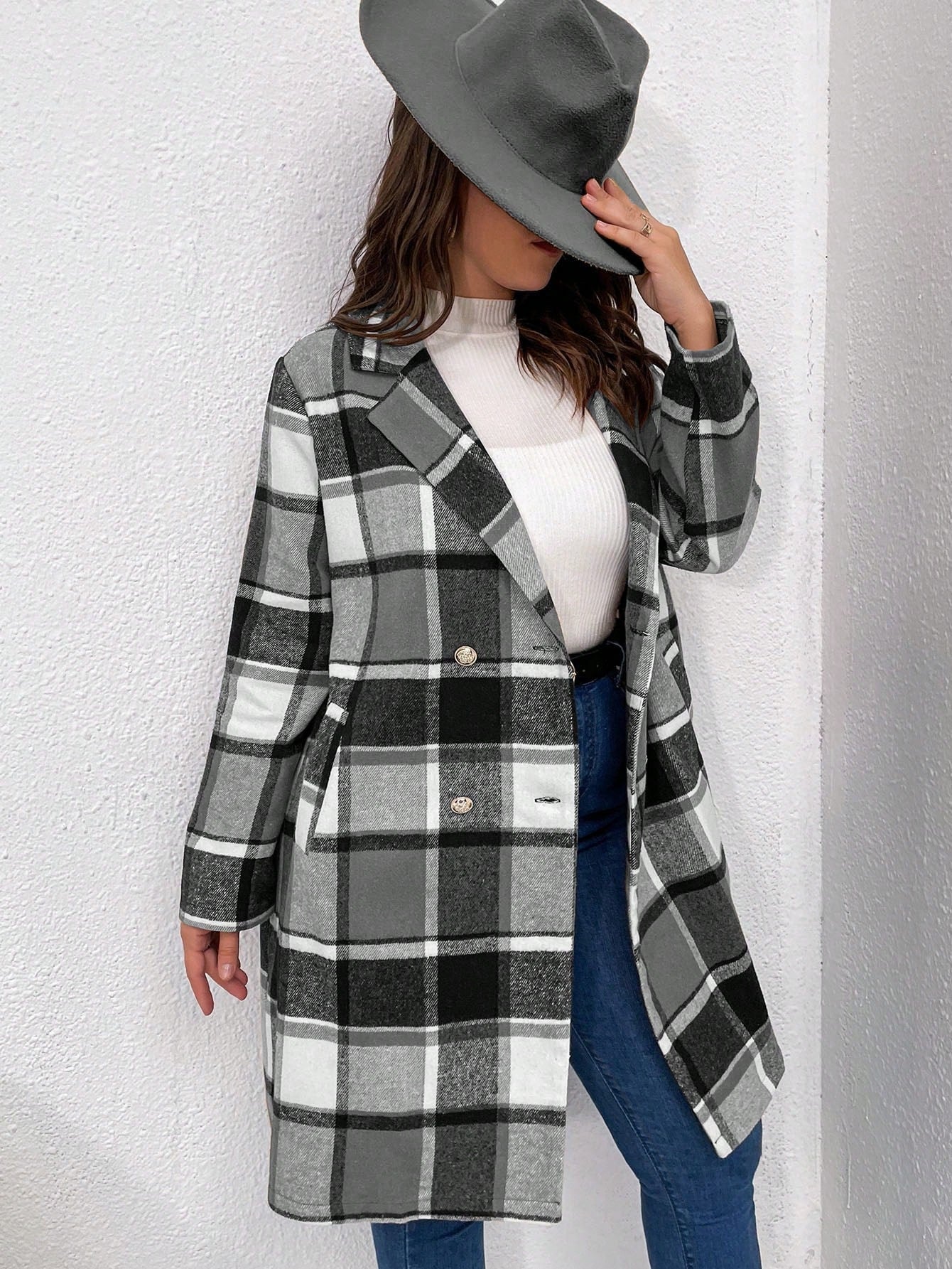 Plus Plaid Lapel Neck Double Breasted Overcoat