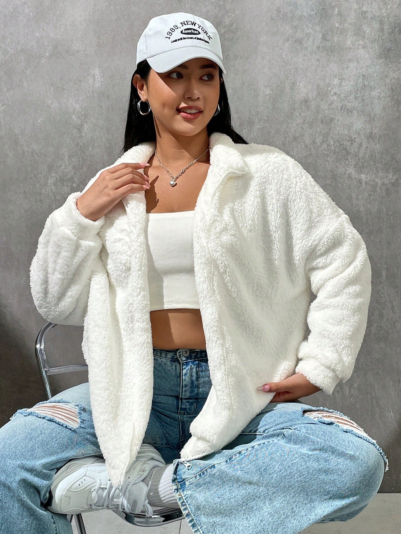 EZwear Plus Drop Shoulder Zip Up Teddy Coat