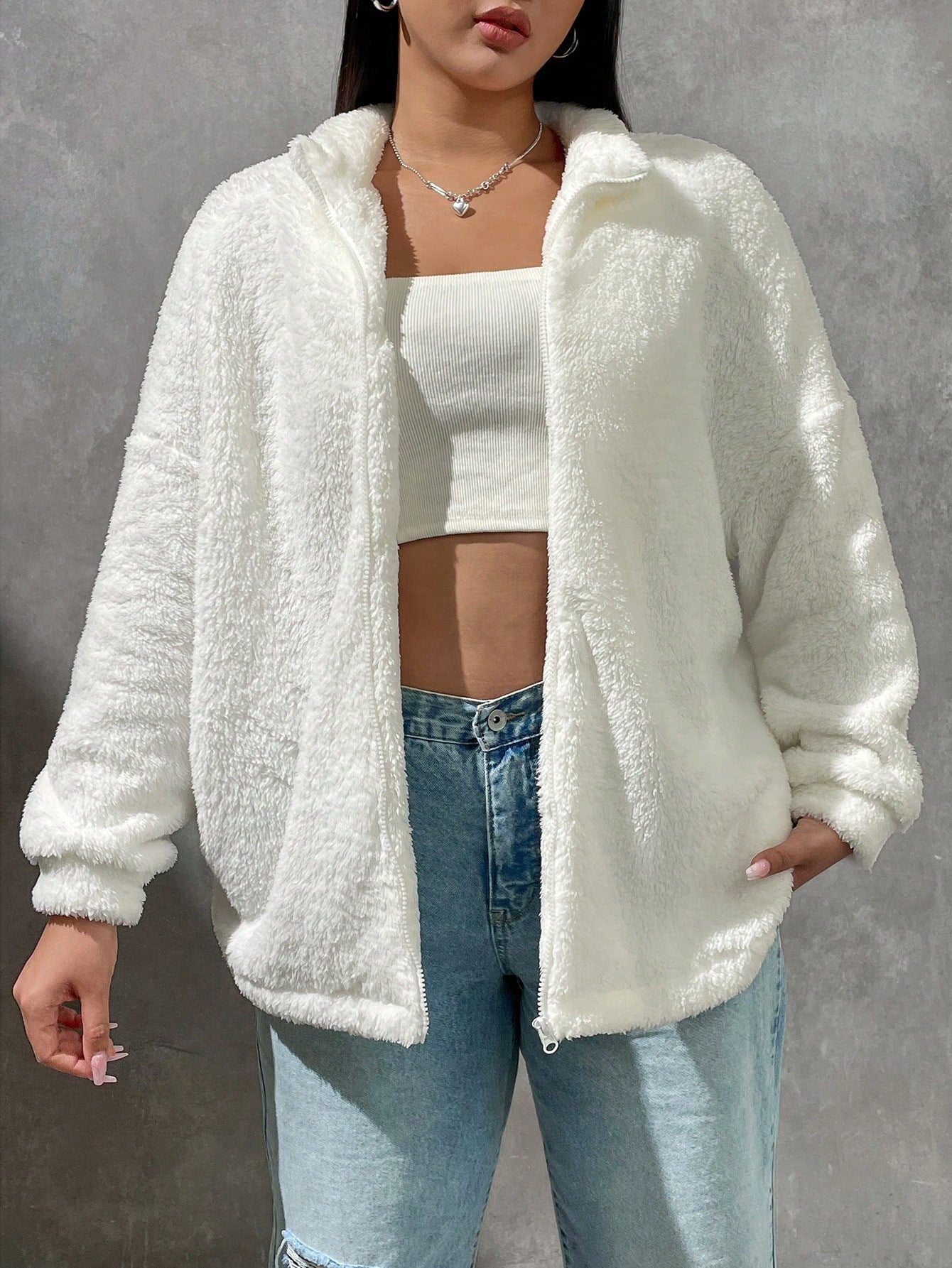 EZwear Plus Drop Shoulder Zip Up Teddy Coat