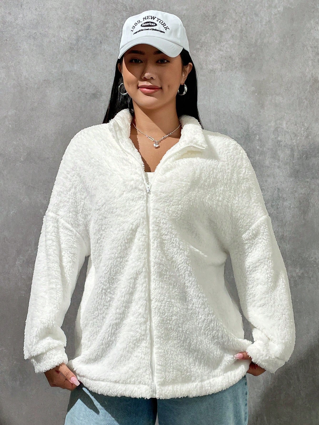 EZwear Plus Drop Shoulder Zip Up Teddy Coat