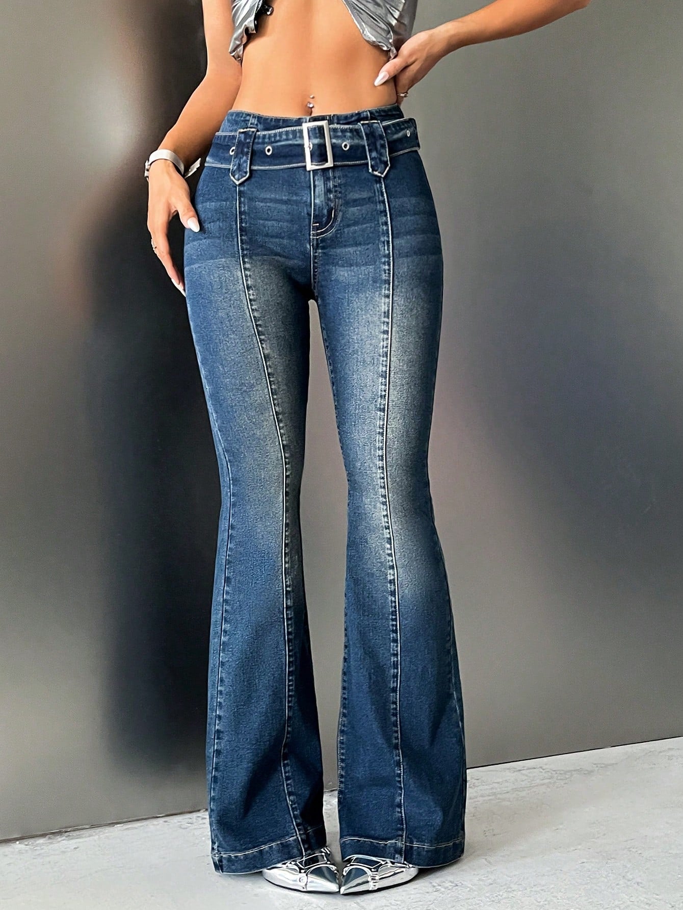 ICON Seam Front Belted Flare Leg Jeans
