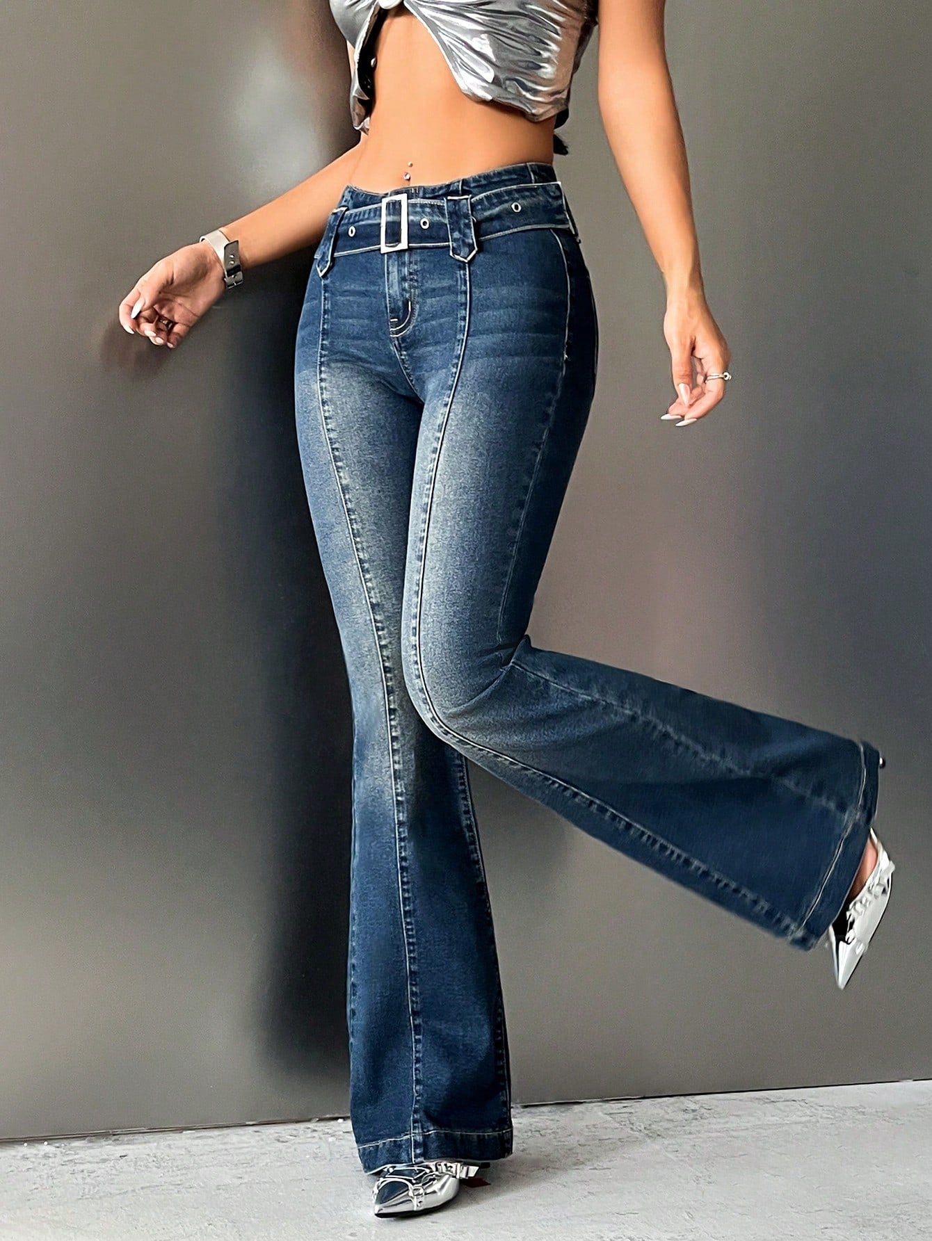 ICON Seam Front Belted Flare Leg Jeans