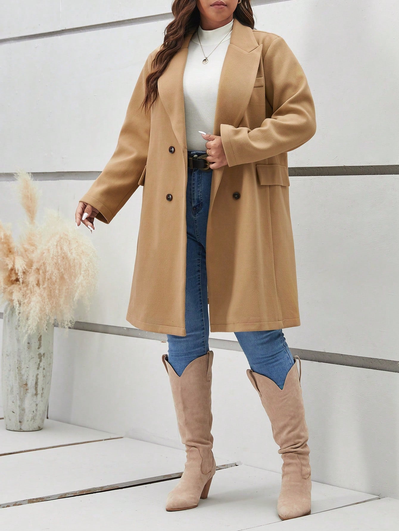 Frenchy Plus Lapel Neck Double Breasted Overcoat