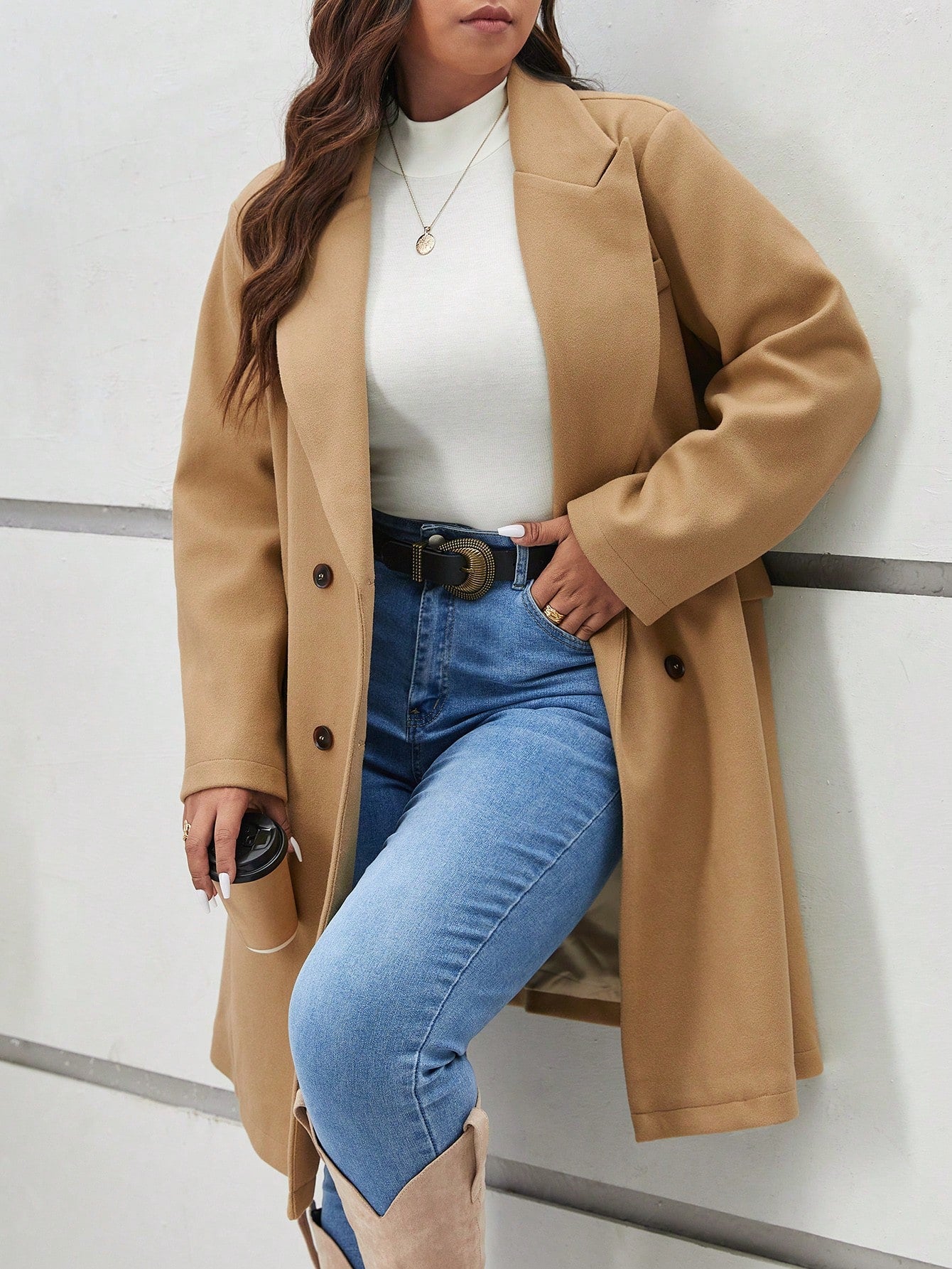 Frenchy Plus Lapel Neck Double Breasted Overcoat