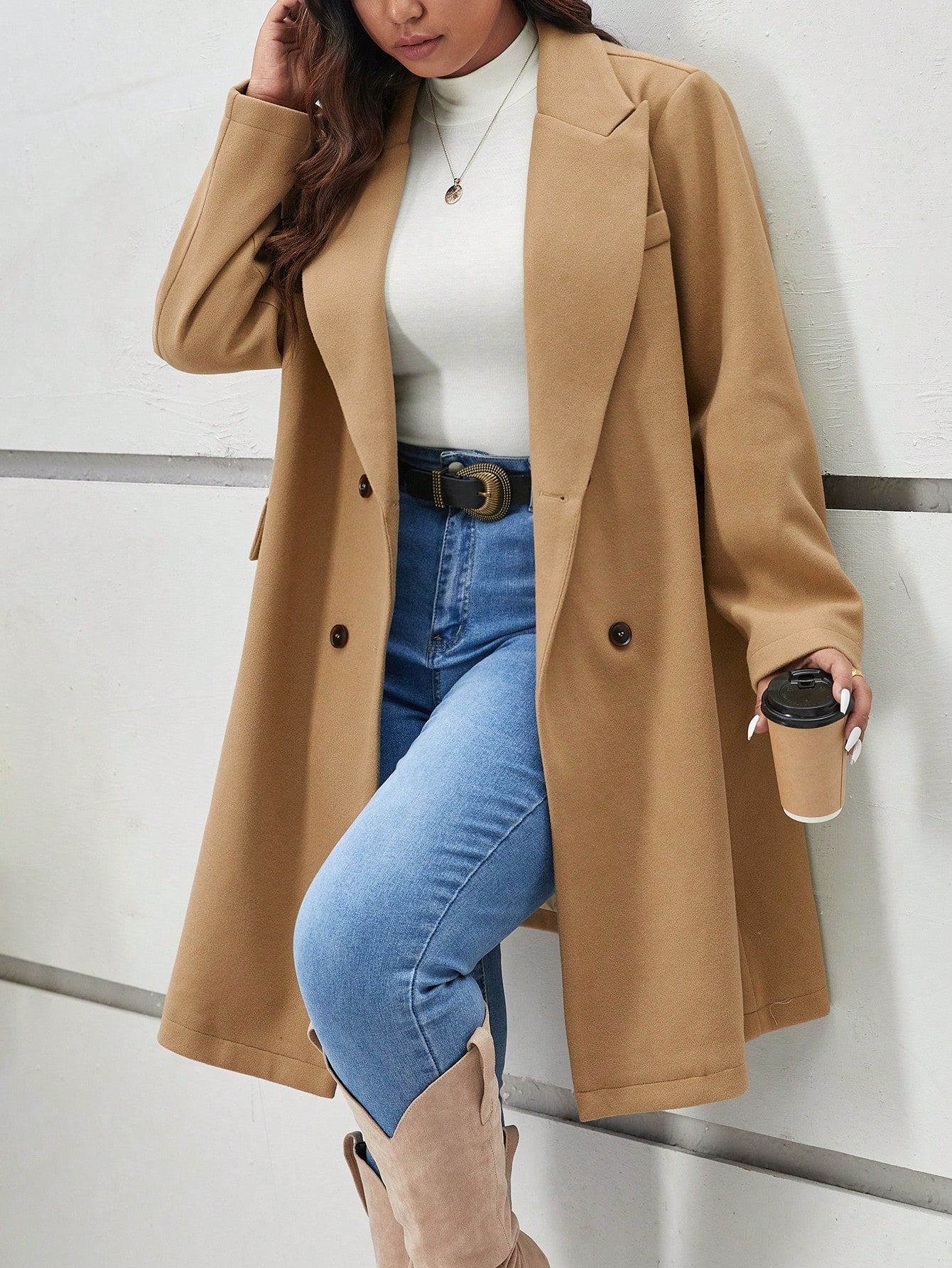 Frenchy Plus Lapel Neck Double Breasted Overcoat