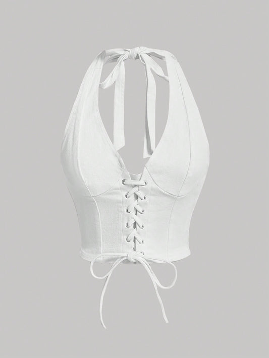 MOD Lace Up Front Halter Neck Denim Top