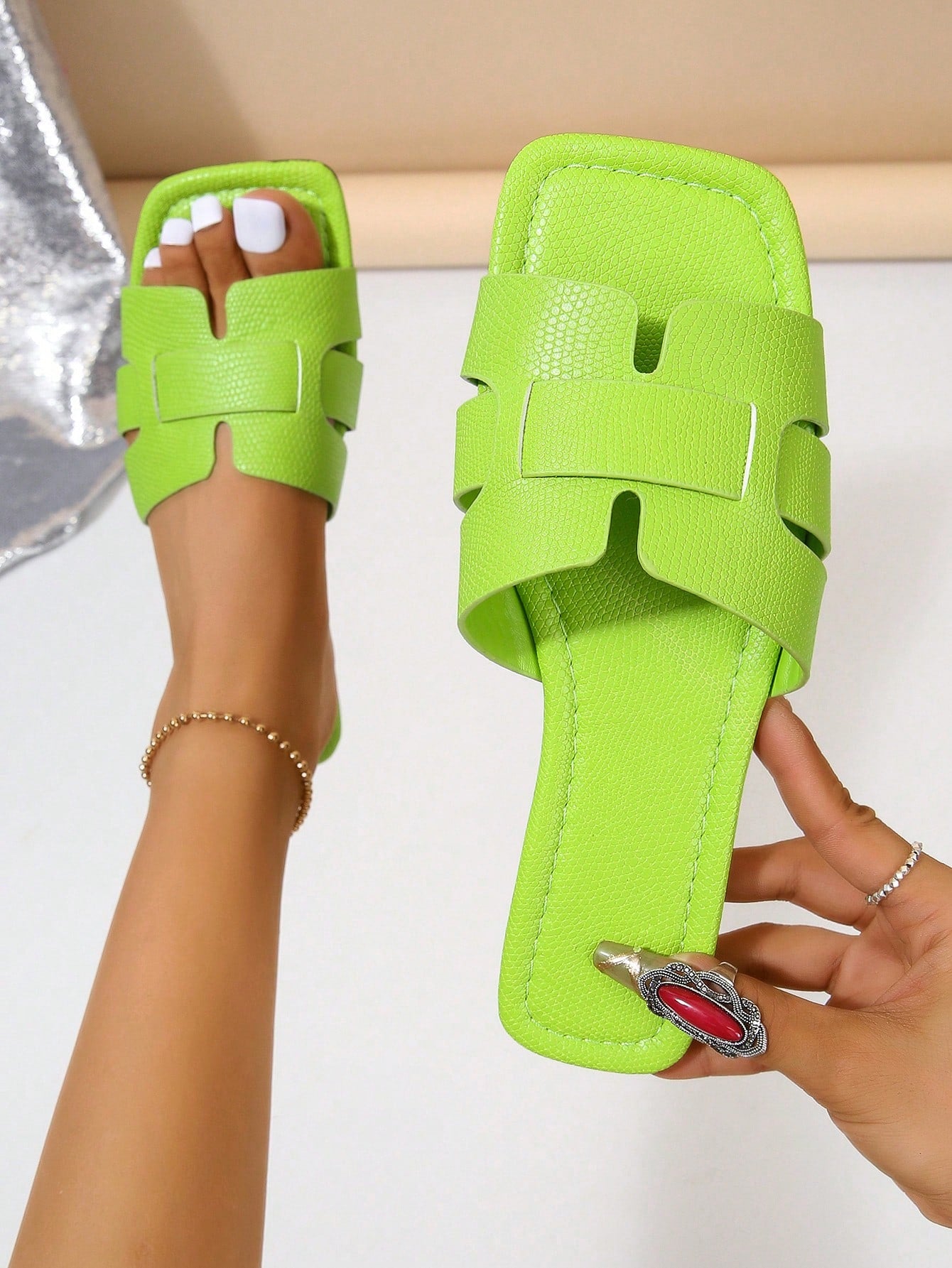 Elegant Black Sandals For Women, Snakeskin Embossed Slide Sandals