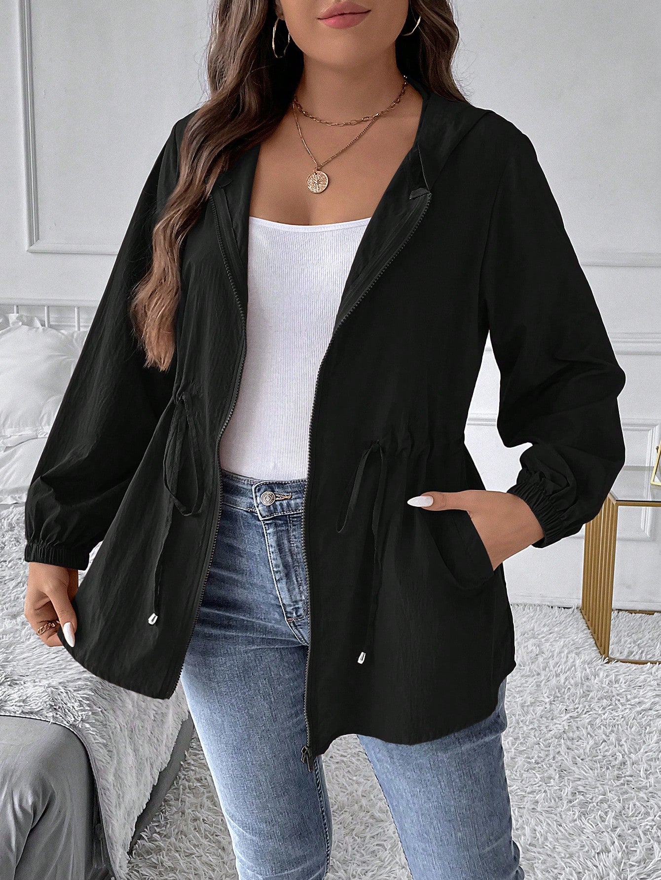 LUNE Plus Drawstring Waist Zip Up Hooded Coat