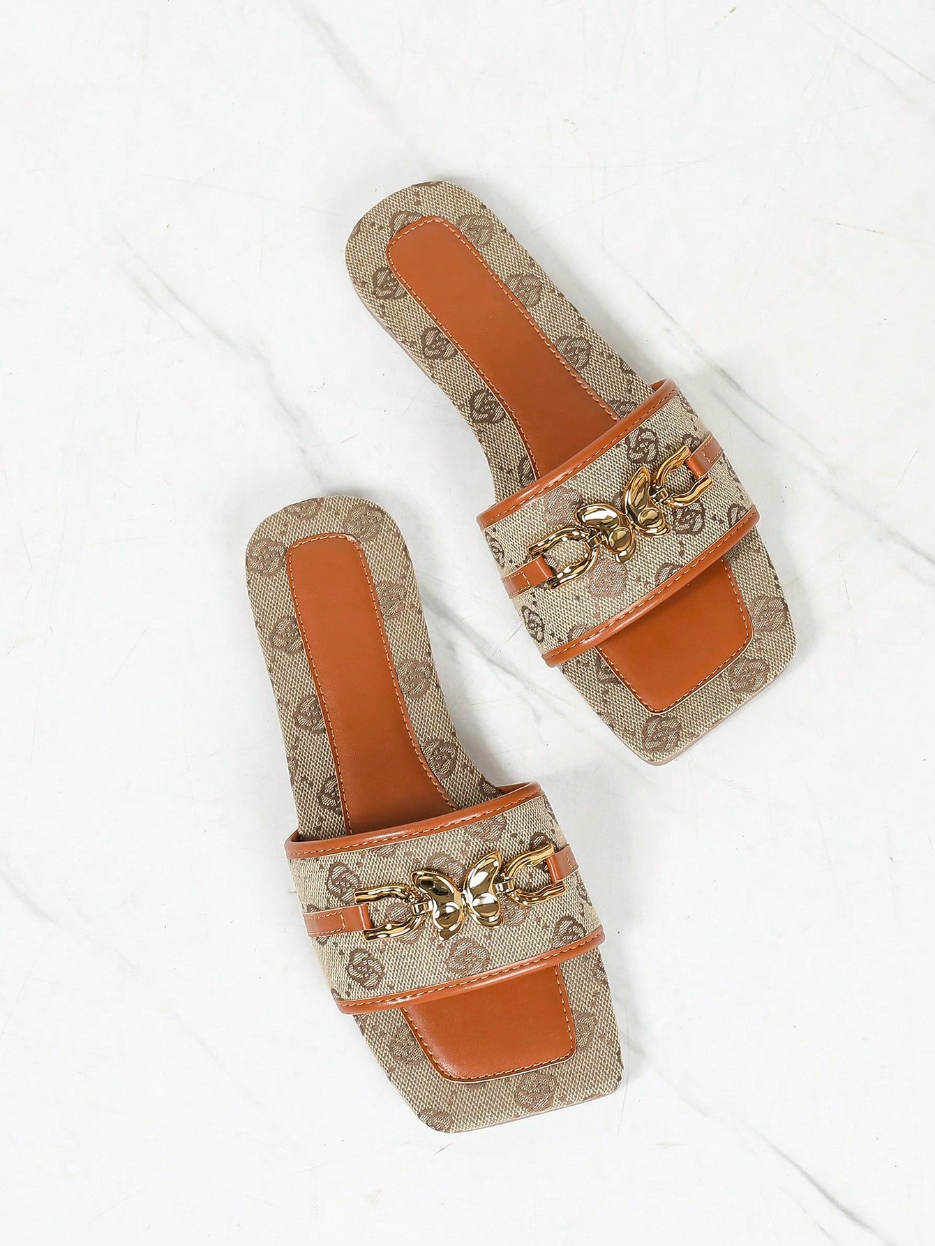 Women's Denim Flat Square Toe Slide Sandals
